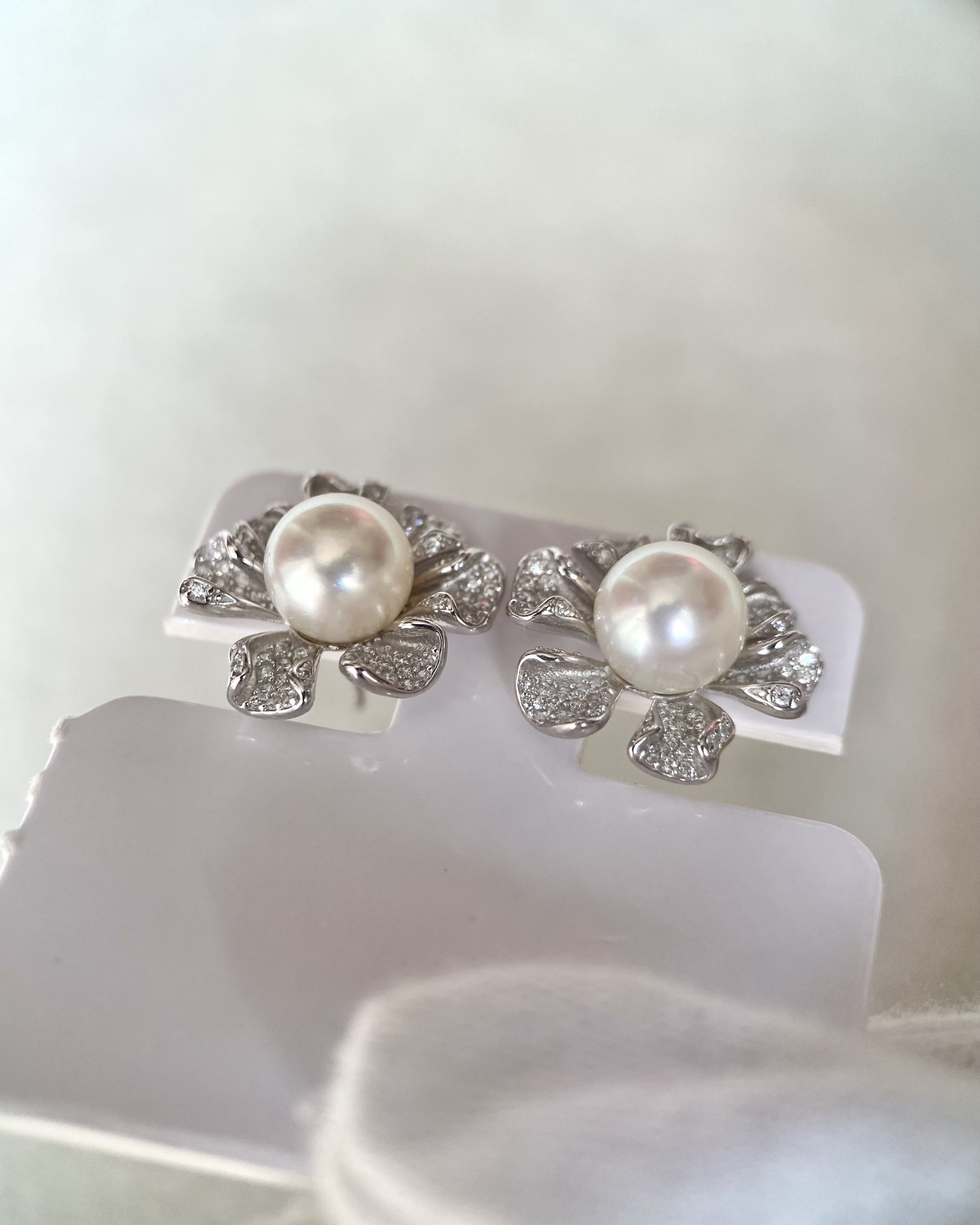 Japanese Crystal White Akoya Pearl Flower Stud Earrings 7-7.5mm, Soft Pink Overtone, Sculptural CZ Petals, S925 Silver, Show Piece Starlit Pearls