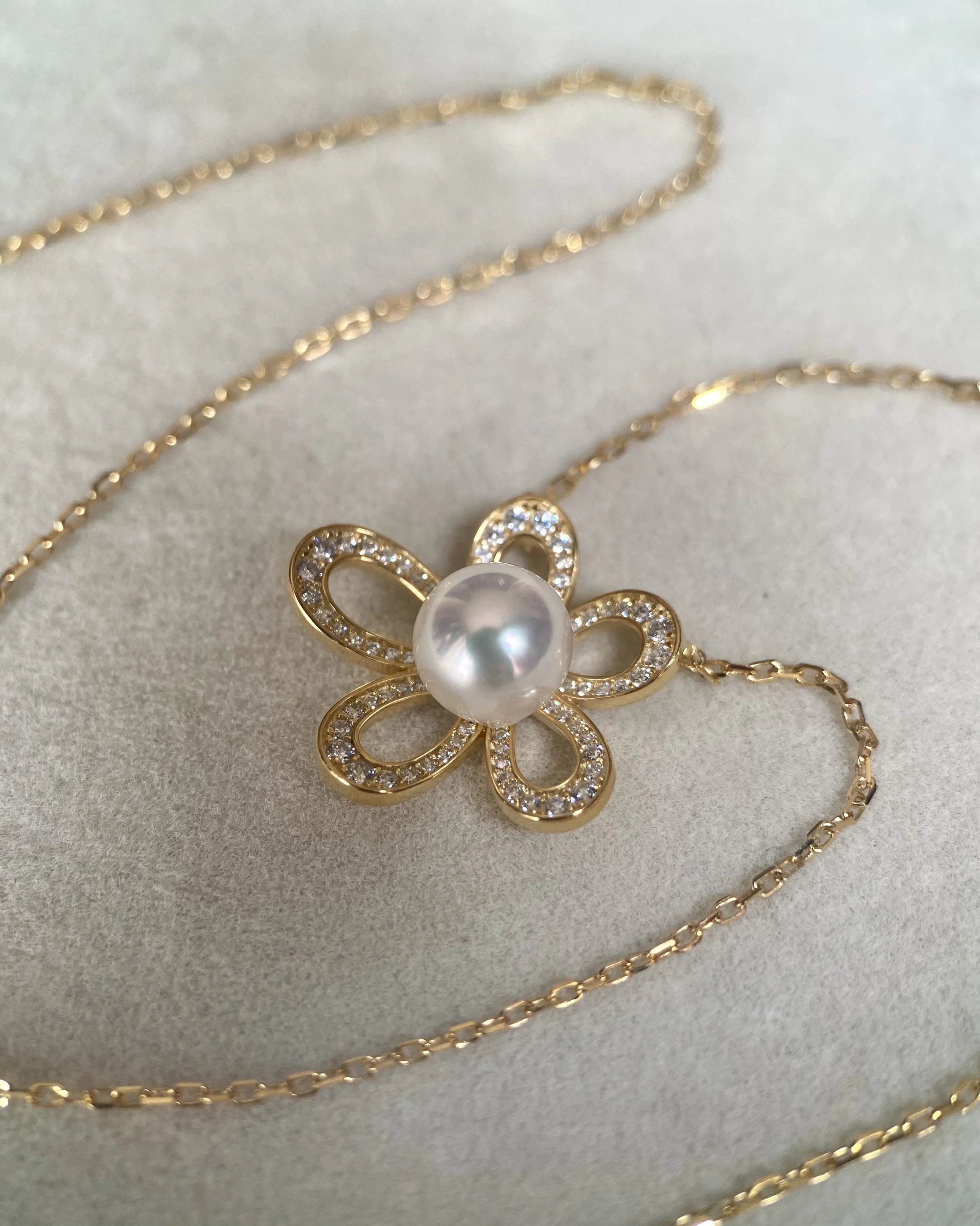 Japanese Akoya Pearl Flower Necklace 7.5mm, Flawless 6A White-Pink Pearl, S925 Silver Flowing Floral Design with CZ, Exhibition Piece Starlit Pearls
