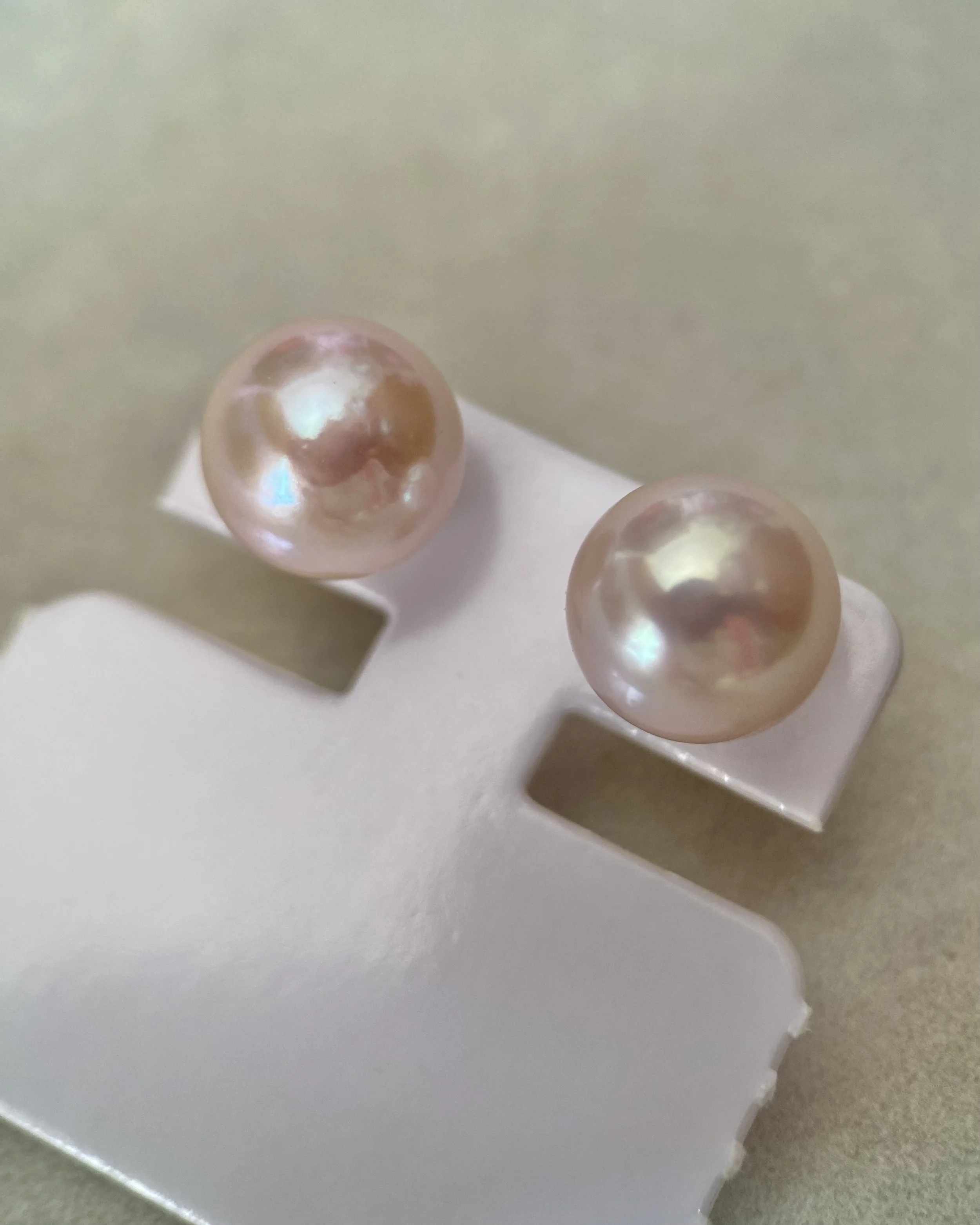 18K Gold Posts_Rare Japanese Rose Pink Freshwater Pearl Stud Earrings 11.3mm, AU750, Mirror Lustre Starlit Pearls