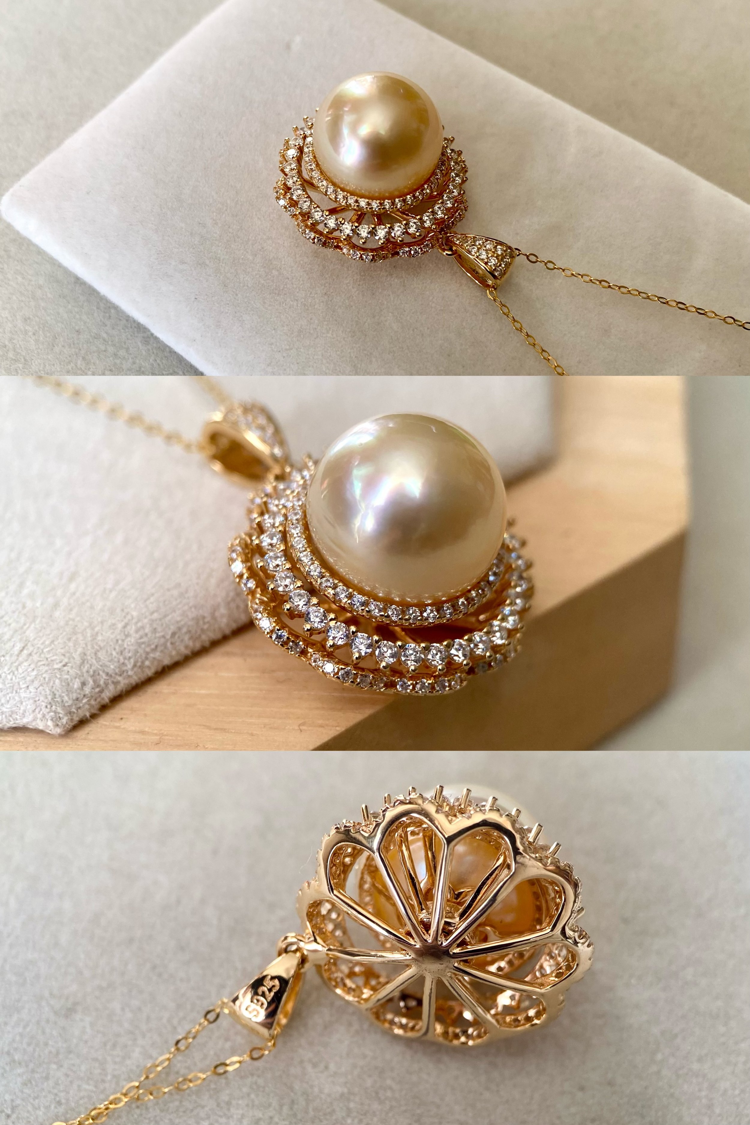 Stunning 13mm Phoenix Australian Golden South Sea Pearl Pendant, Satin Lustre, Rare Rotating Wheel of Fortune Setting, Jewellery Showpiece Starlit Pearls