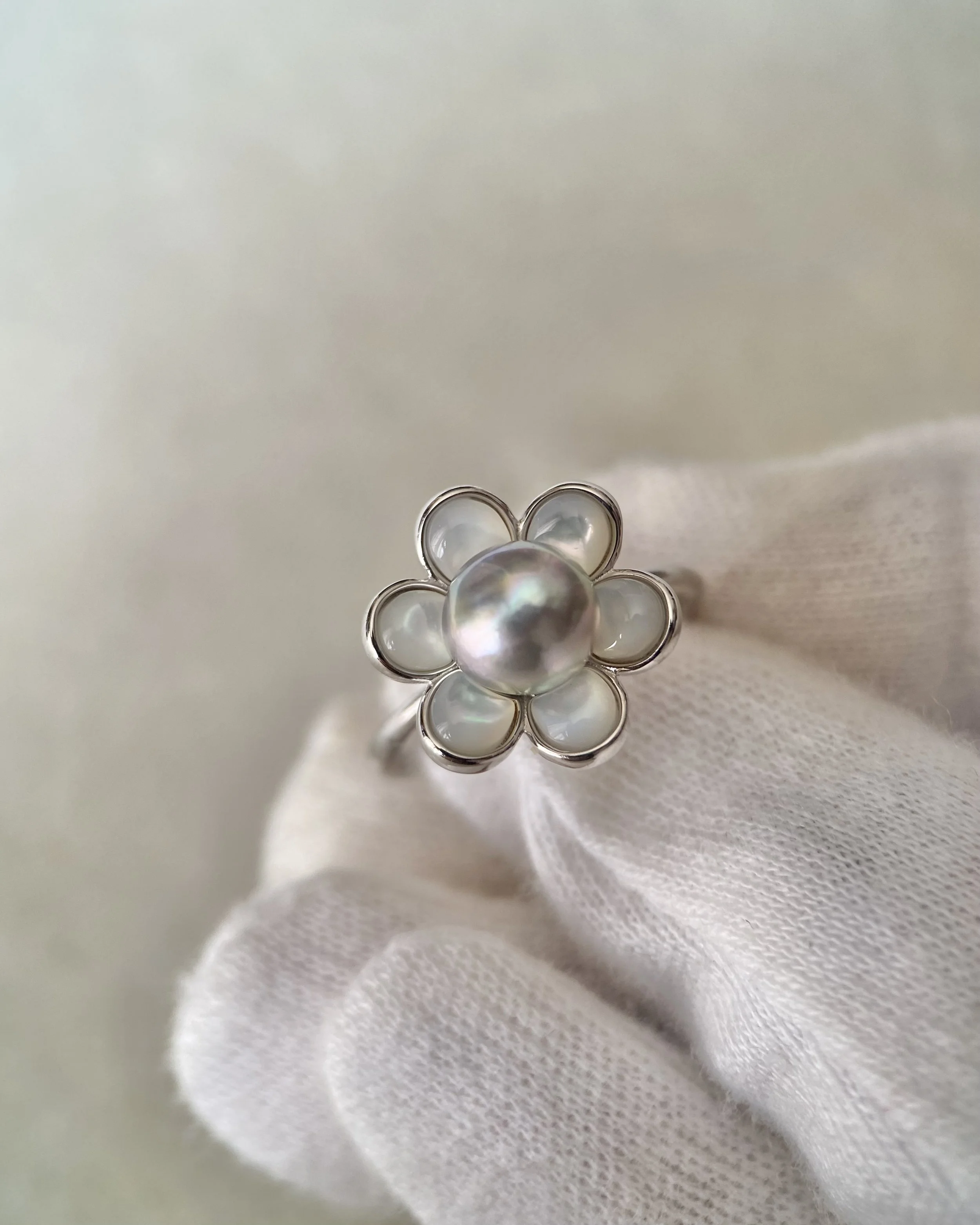 Japanese Natural Silver-Grey Madama Akoya Pearl Flower Ring 7.3mm, Rainbow Overtones, Mother of Pearl Petals, Silver Adjustable Band