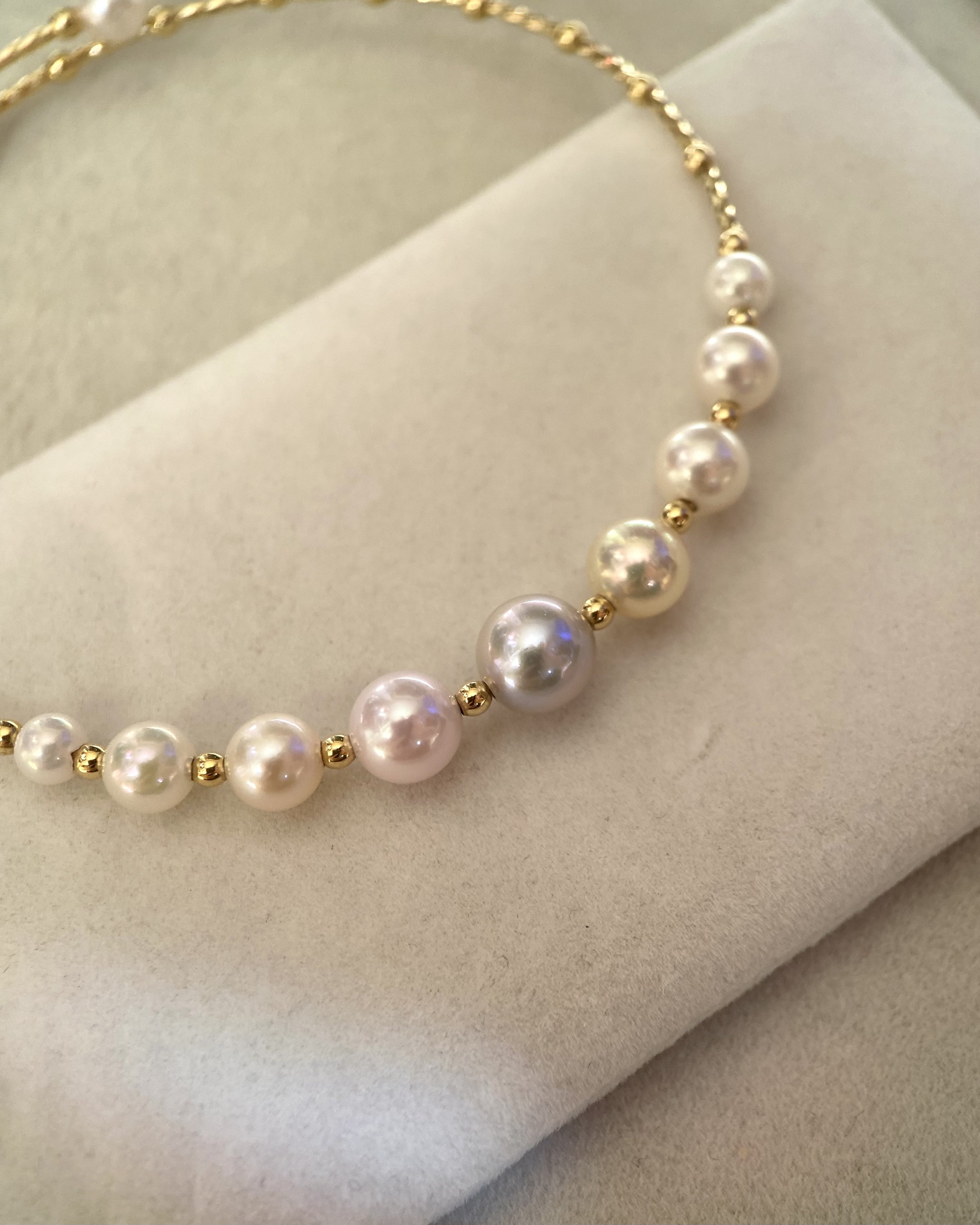 Solid 18K Gold_Premium Multi-Tone Japanese Akoya Pearl Bracelet – Madama Silver, Golden Dawn, Pink & White Pearls, Dreamy Gradient Harmony Starlit Pearls