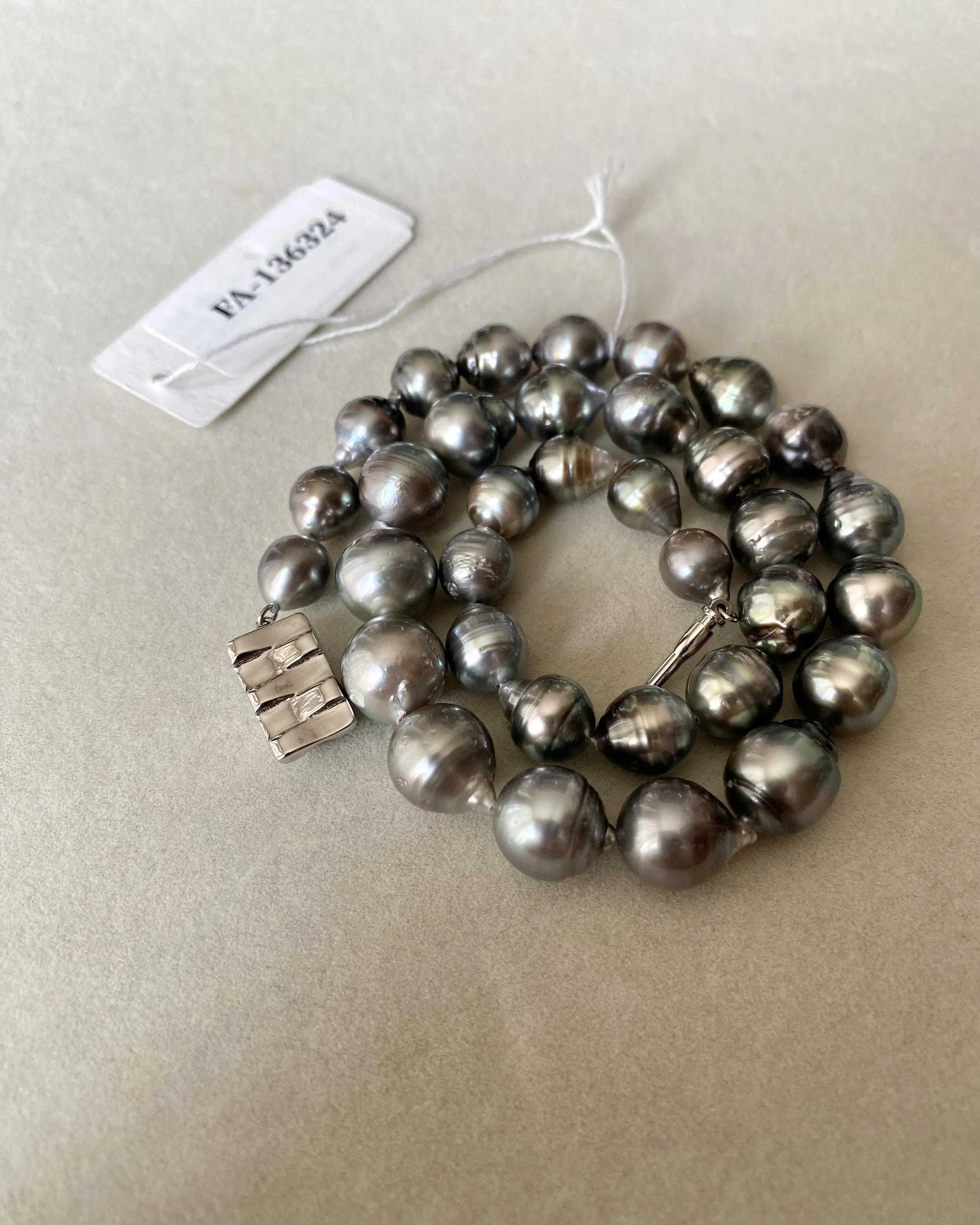 PSL Certified Tahitian South Sea Baroque Pearl Necklace 8–12mm, Platinum Grey w/ Iridescent Overtones, Geometric Patent Silver Clasp Starlit Pearls