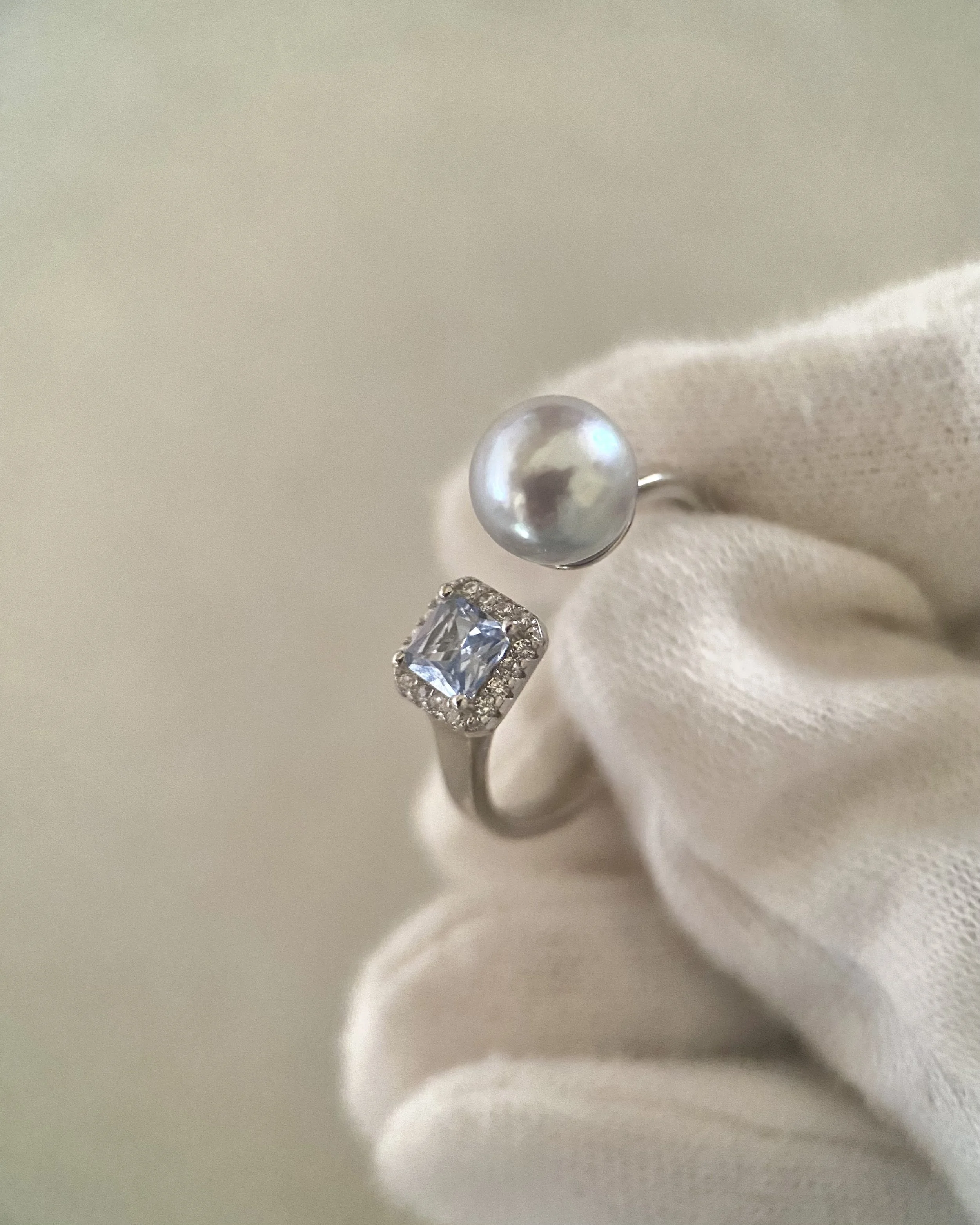 Premium Japanese Silver-Grey Blue Madama Akoya Pearl Open Ring 7.5mm, Ice-Blue Princess-Cut CZ, Adjustable S925, Exhibition Piece Starlit Pearls