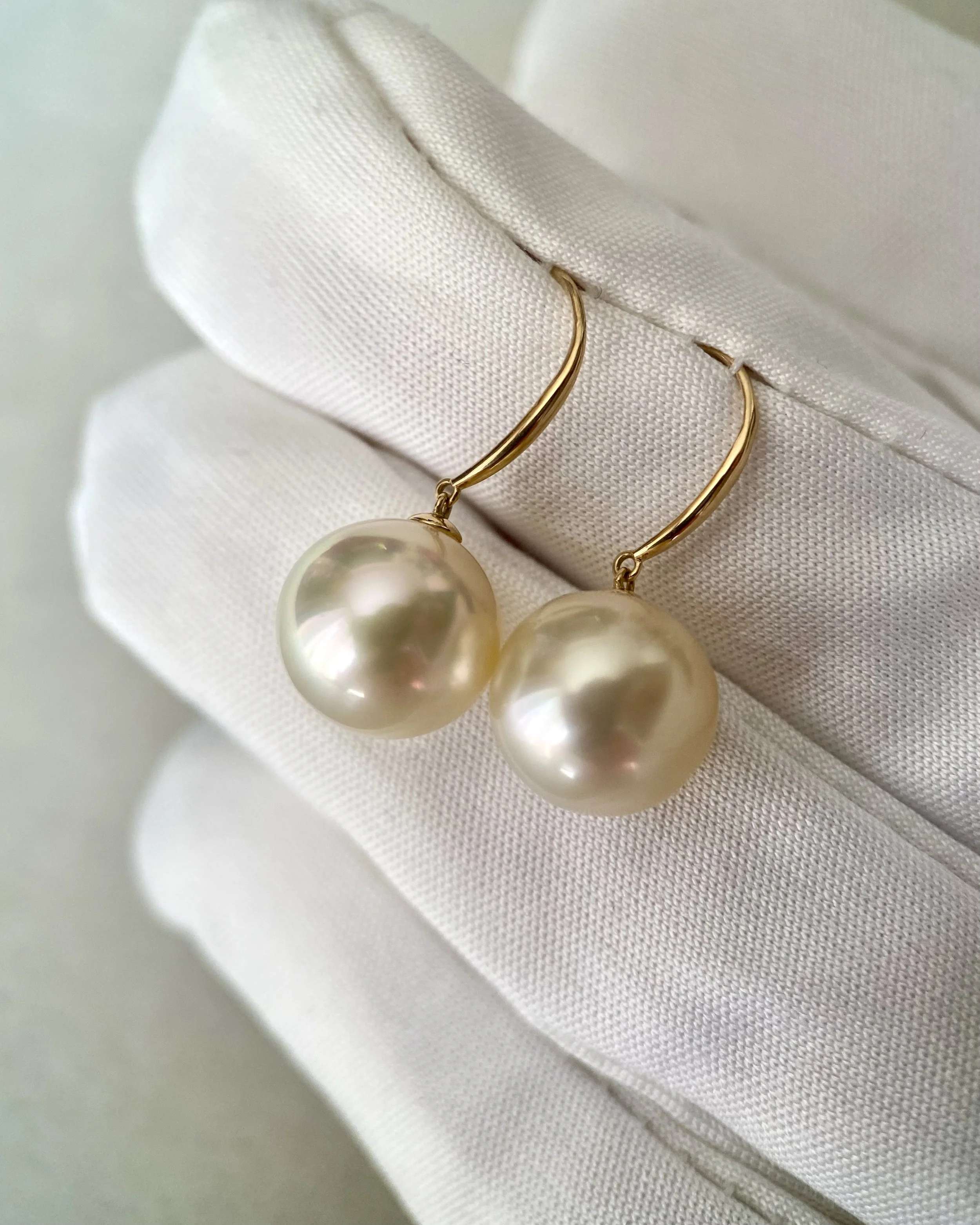 Lemon-Gold South Sea Pearl Hook Earrings 10.5mm, Flawless 6A Quality, Thick Solid 18K Gold Fittings Starlit Pearls