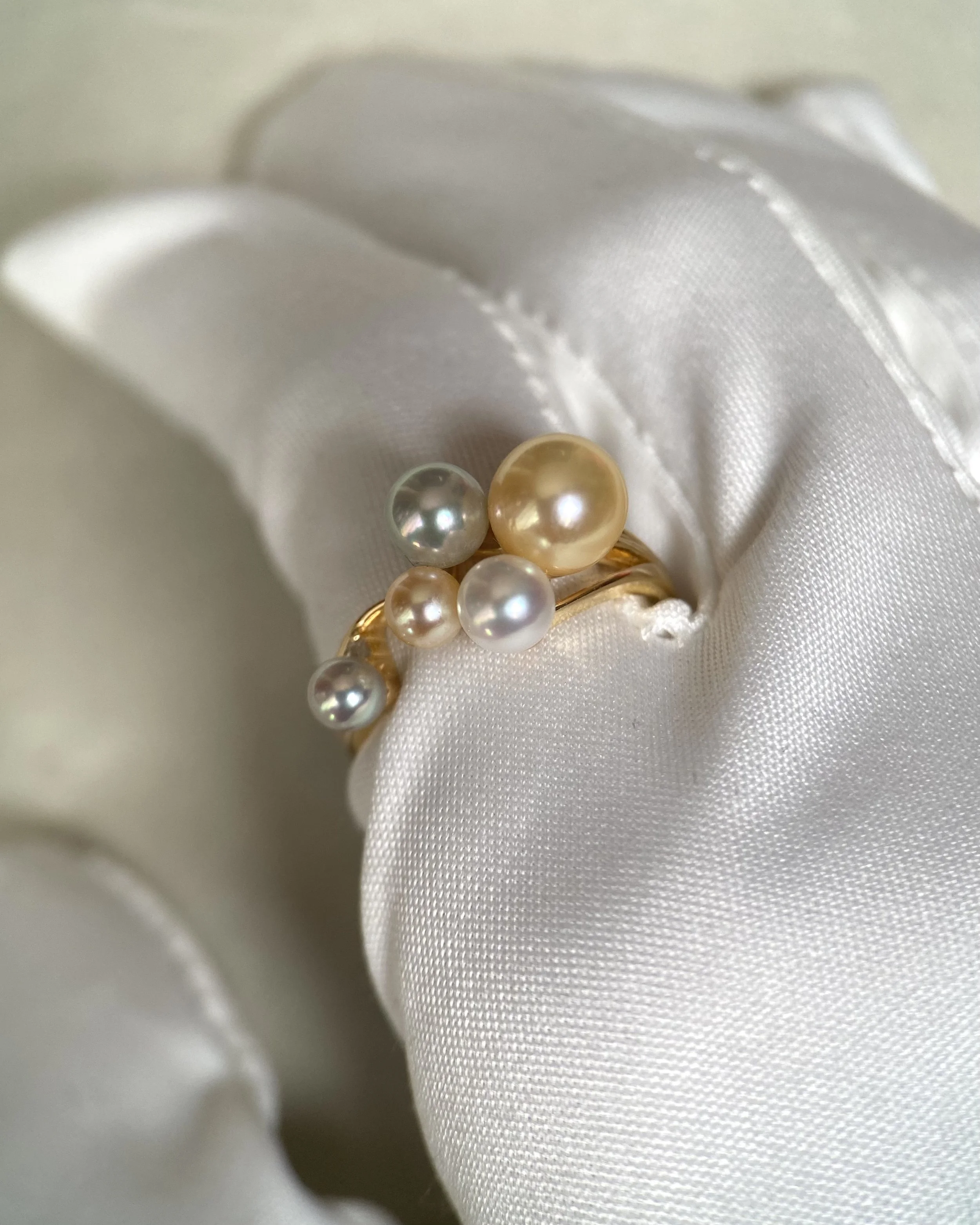 Rare Japanese Akoya Pearl Cluster Ring – Golden Dawn, Saiundama & Sairindama Pearls, Scattered Starlight Design, S925 Silver Band Starlit Pearls