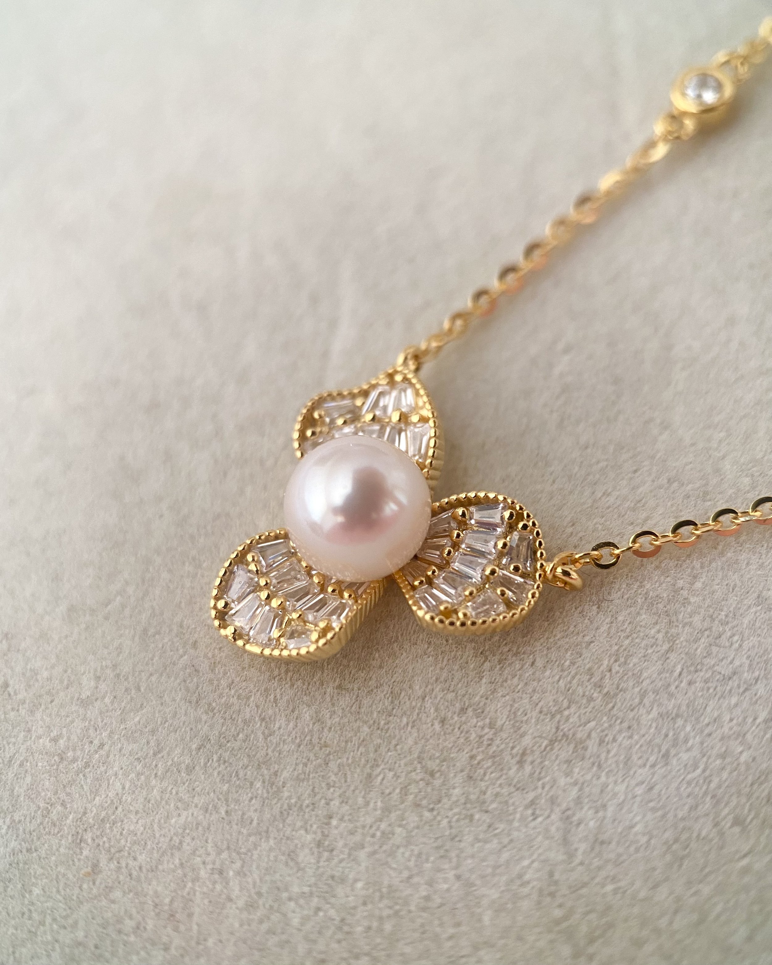 Japanese White Akoya Pearl Necklace 7.6mm, Soft Pink Lustre, S925 Silver Three-Petal Baguette CZ Design, Show Piece, Gift for Her Starlit Pearls