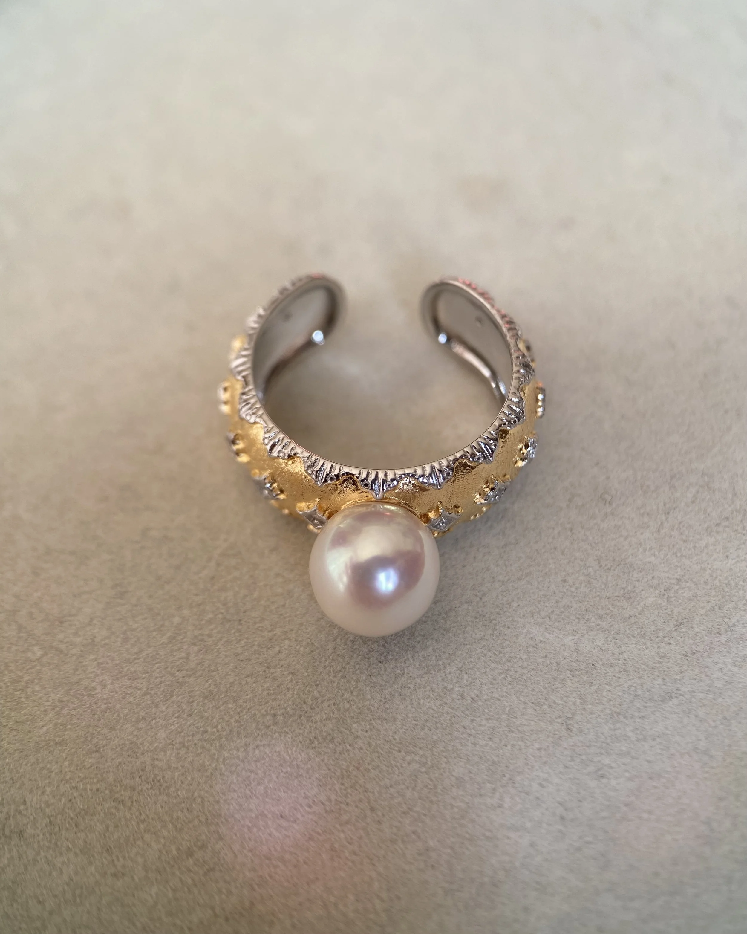Rare Japanese White-Clear Akoya Pearl Ring 8.5mm, Soft Pink Overtone, Elegant Two-Tone Engraved S925 Silver Adjustable Wide Band Starlit Pearls