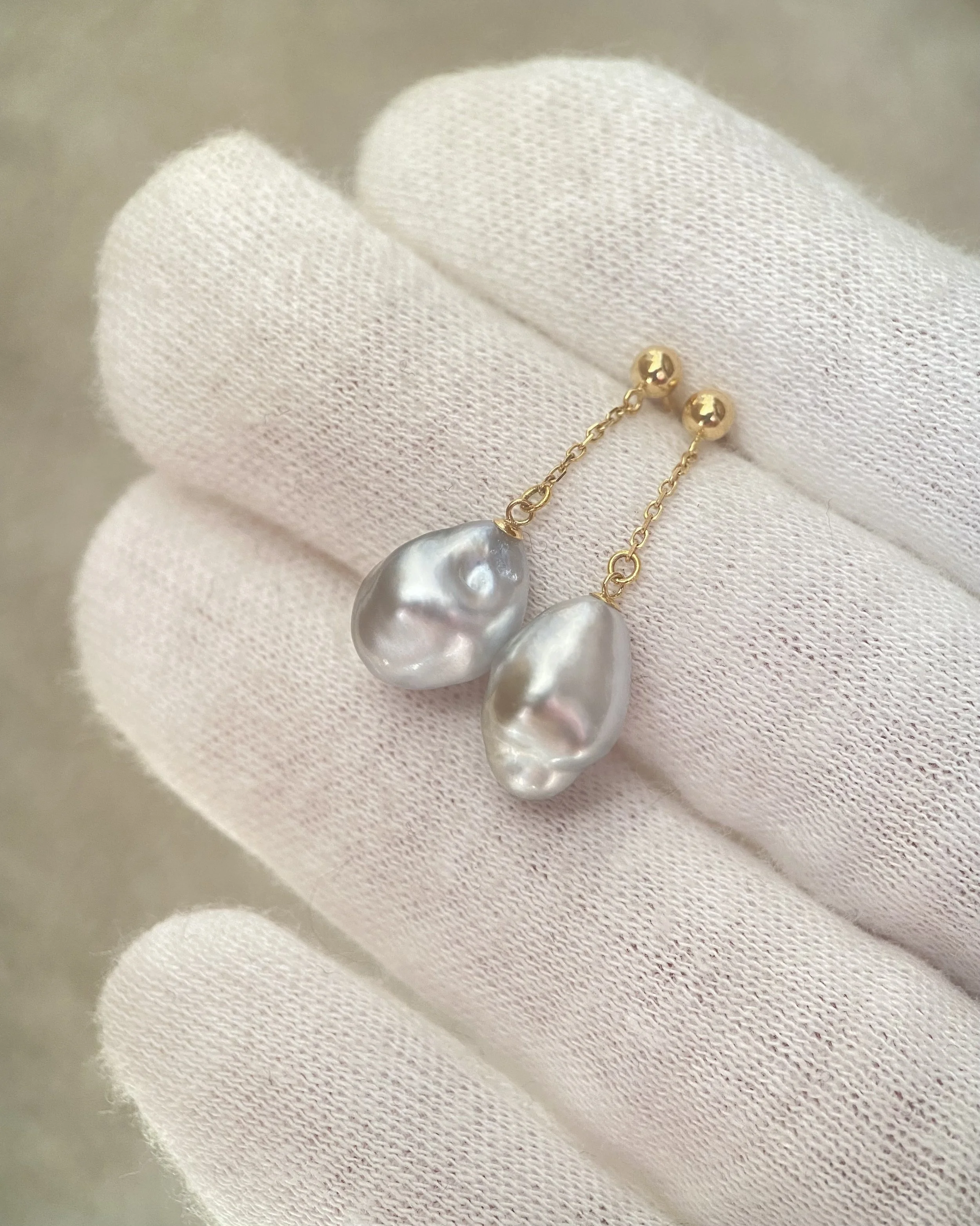 Rare Australian Icy Silver South Sea Baroque Pearl Drop Earrings 11–12mm, Satin Lustre, Solid 18K Gold Fittings, Wind-Sway Design Starlit Pearls