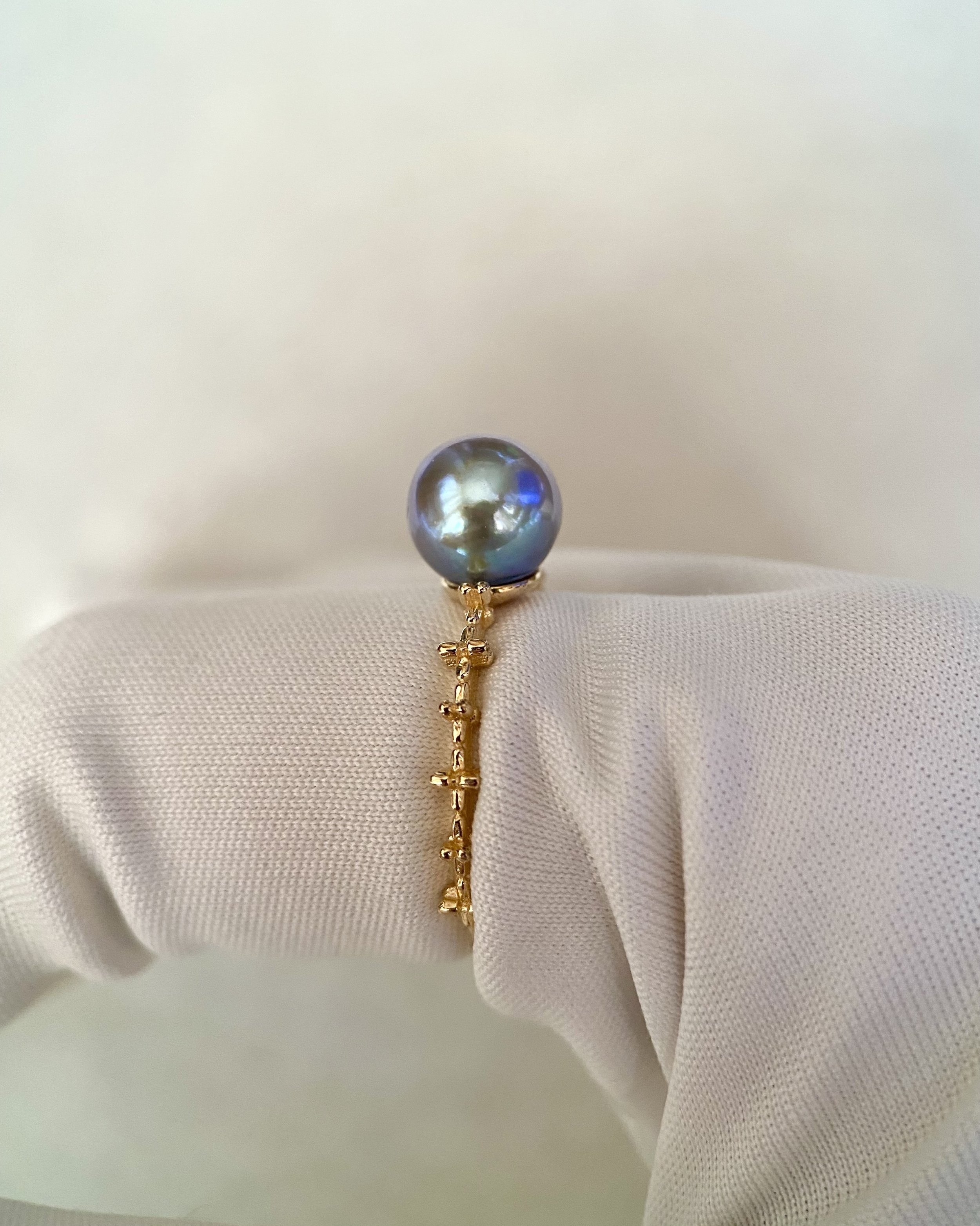7.5–8mm Blue Rose Japanese Madama Akoya Pearl Ring, Original Japanese Star-Cut Link Adjustable Band in S925 Silver, Natural Silver-Blue Starlit Pearls