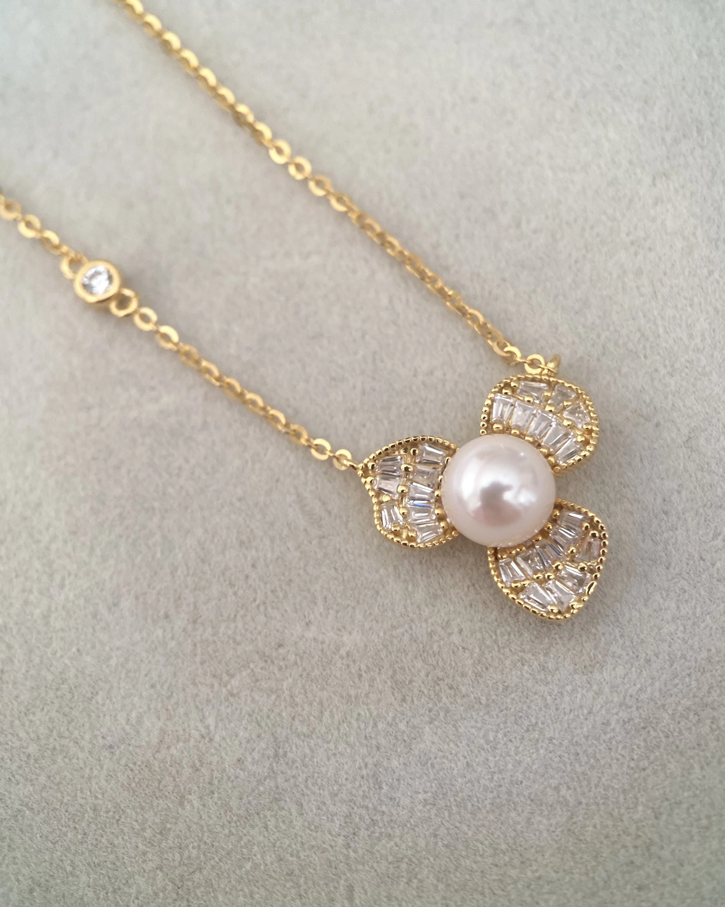 Japanese White Akoya Pearl Necklace 7.6mm, Soft Pink Lustre, S925 Silver Three-Petal Baguette CZ Design, Show Piece, Gift for Her Starlit Pearls