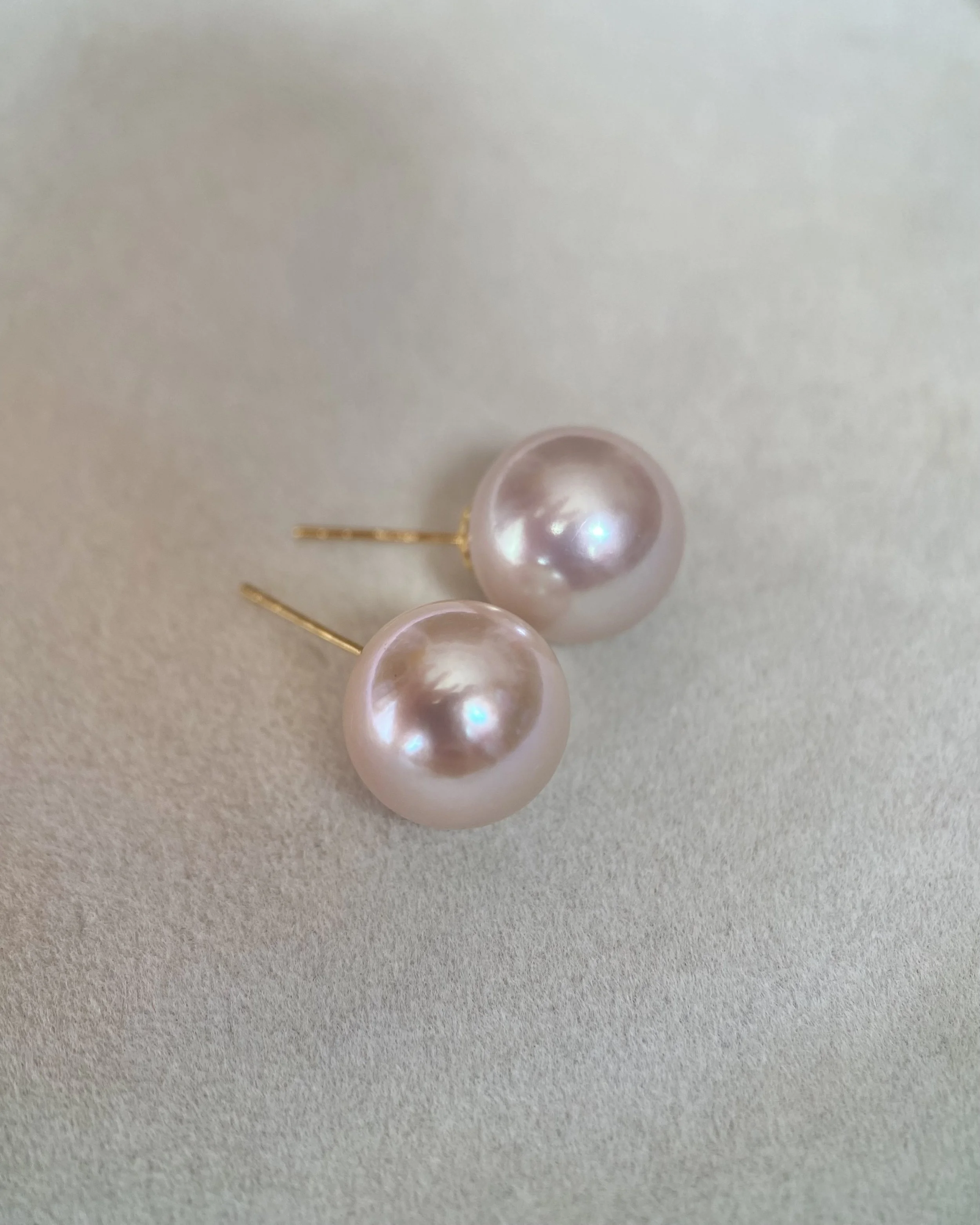 18K Gold Posts_Rare Japanese Rose Pink Freshwater Pearl Stud Earrings 11.3mm, AU750, Mirror Lustre Starlit Pearls