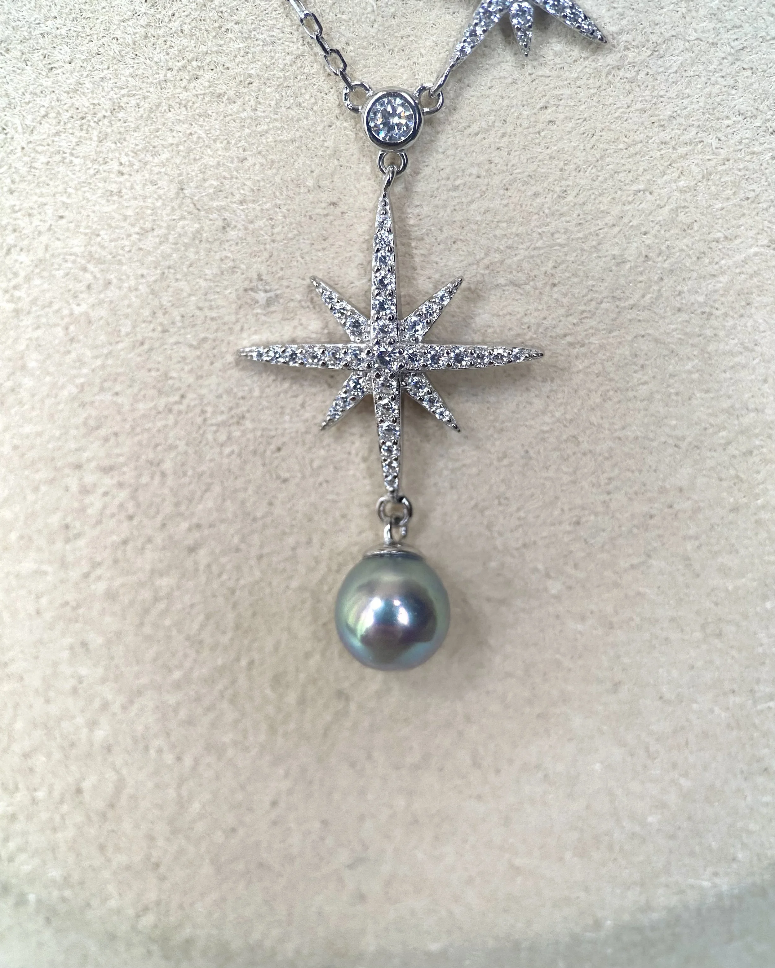 Japanese Silver-Peacock Green Madama Akoya Pearl Pendant Necklace 7mm, 7A Aurora Lustre, Starburst Pavé CZ S925 Chain, Made In Japan Starlit Pearls