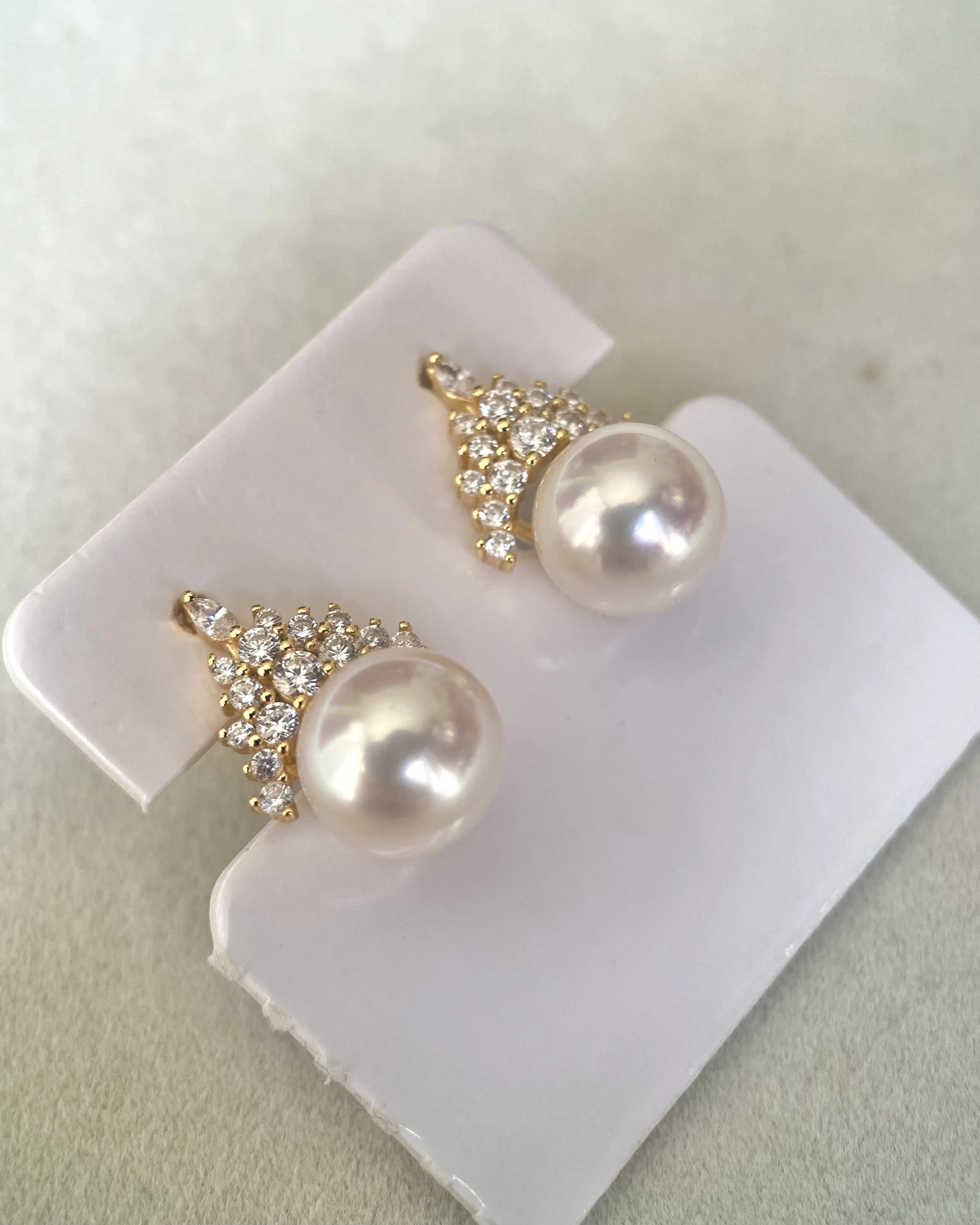 Top Quality Giant 9.2mm Japanese White Koshimono Akoya Pearl Earrings, Crown S925 Pavé Design, Exceptional High-Intensity Lustre Starlit Pearls
