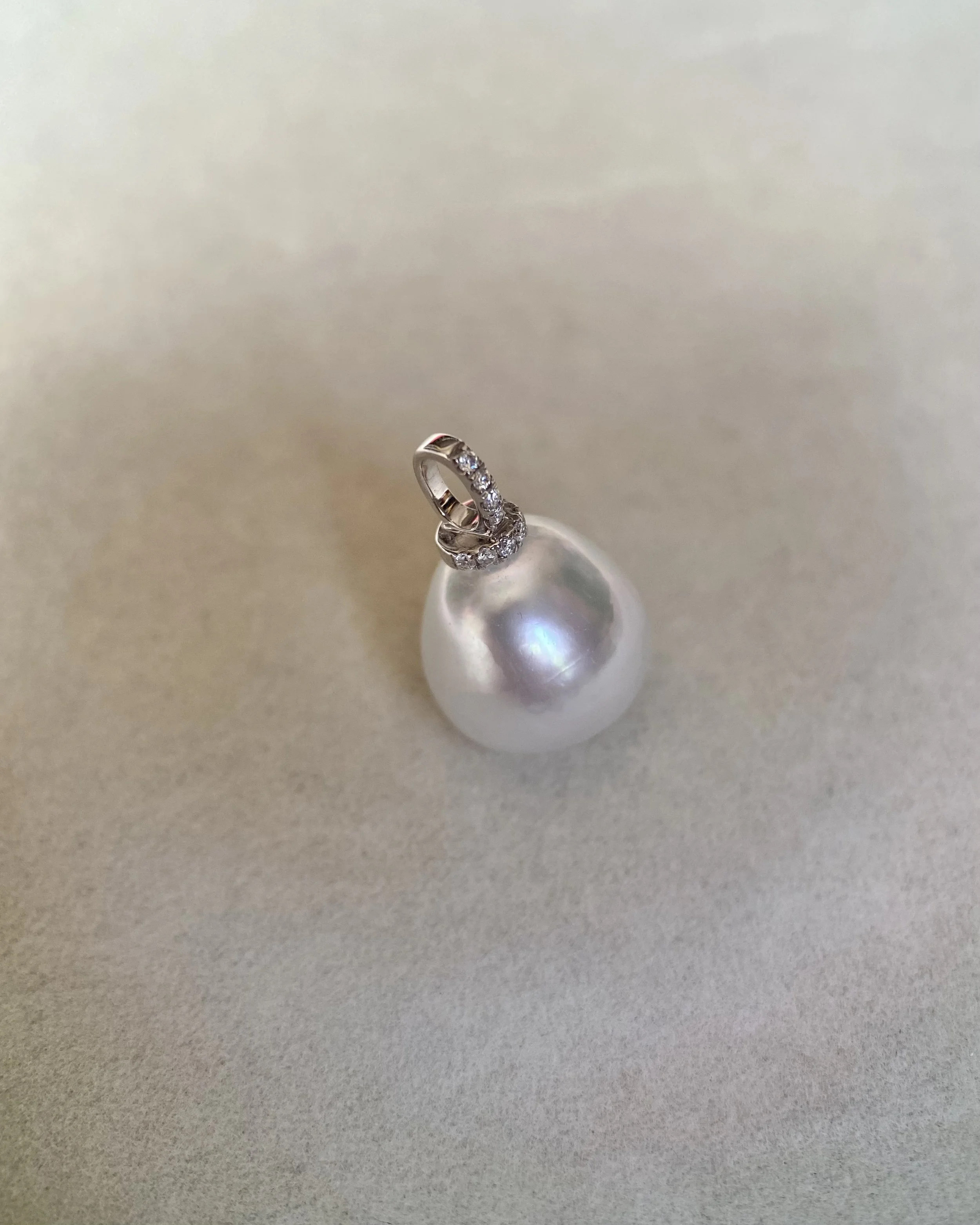 Solid 18ct White Gold_12mm Silver White Australian South Sea Baroque Pearl Pendant, 18K CZ Bail, Rare Cool-Tone Satin Lustre Starlit Pearls