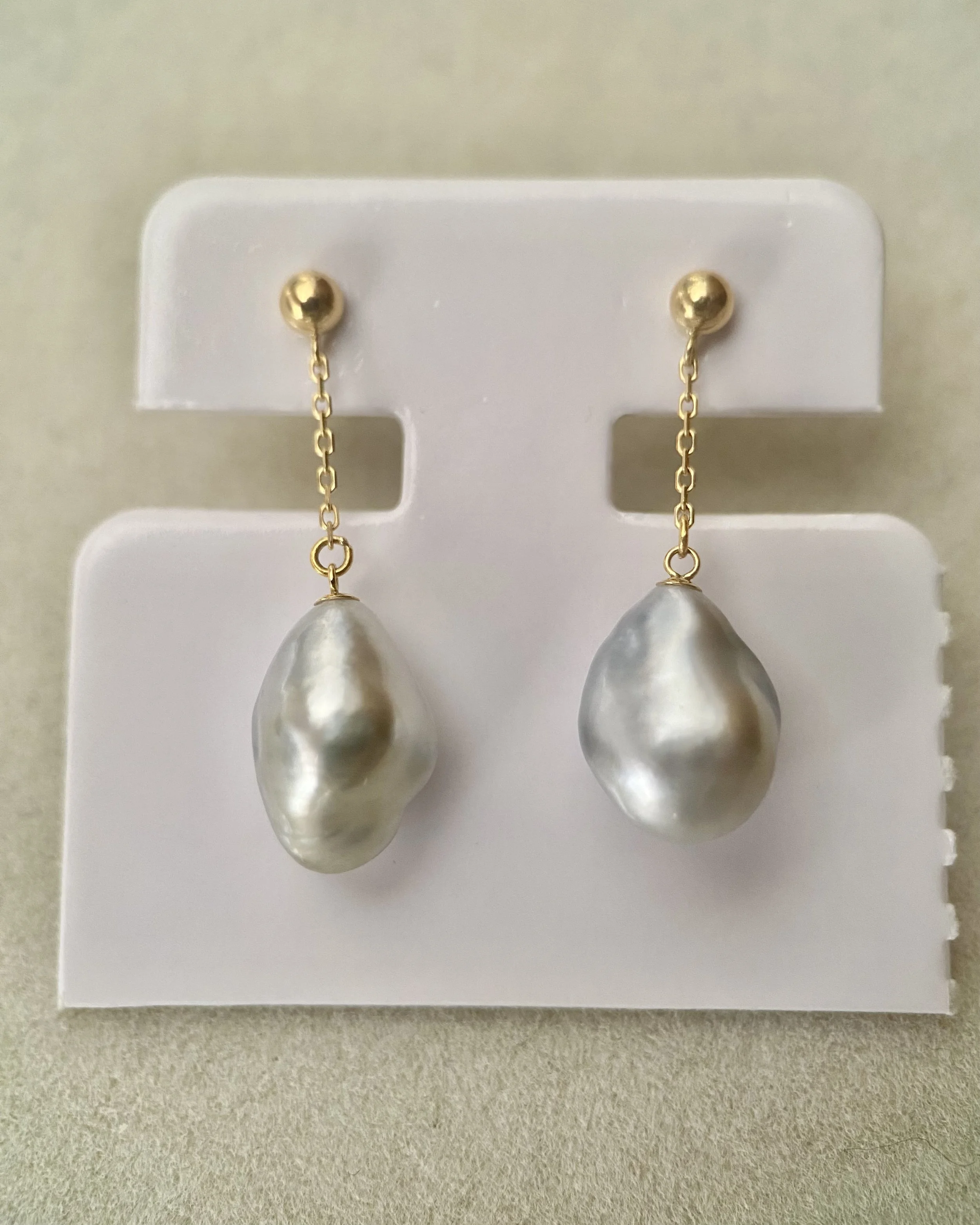 Rare Australian Icy Silver South Sea Baroque Pearl Drop Earrings 11–12mm, Satin Lustre, Solid 18K Gold Fittings, Wind-Sway Design Starlit Pearls