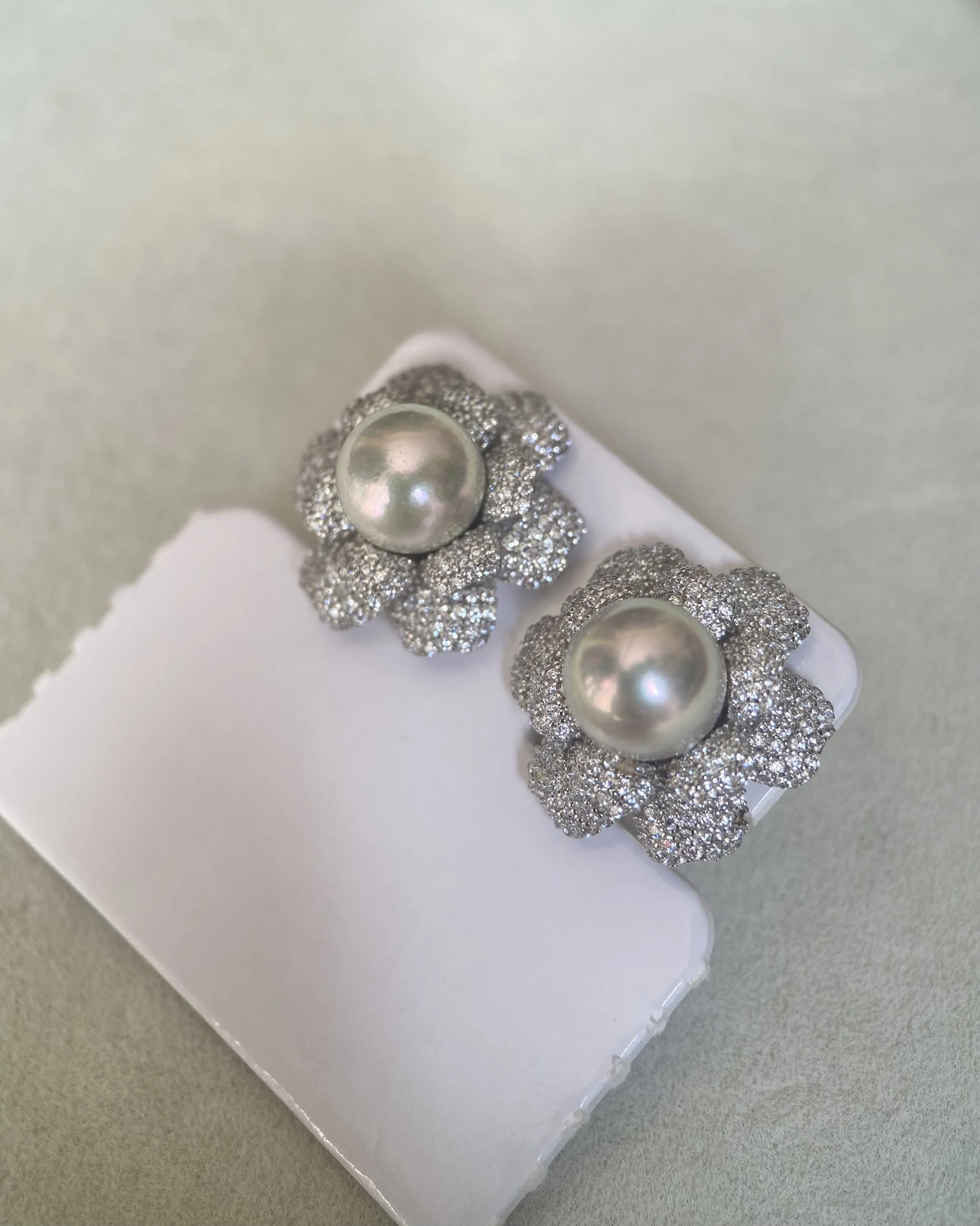 Luxury Gardenia Blossom_Japanese Silver-Grey Madama Akoya Pearl Stud Earrings 8.2mm, Double-Layer Pavé S925 Silver, Exhibition Piece Starlit Pearls