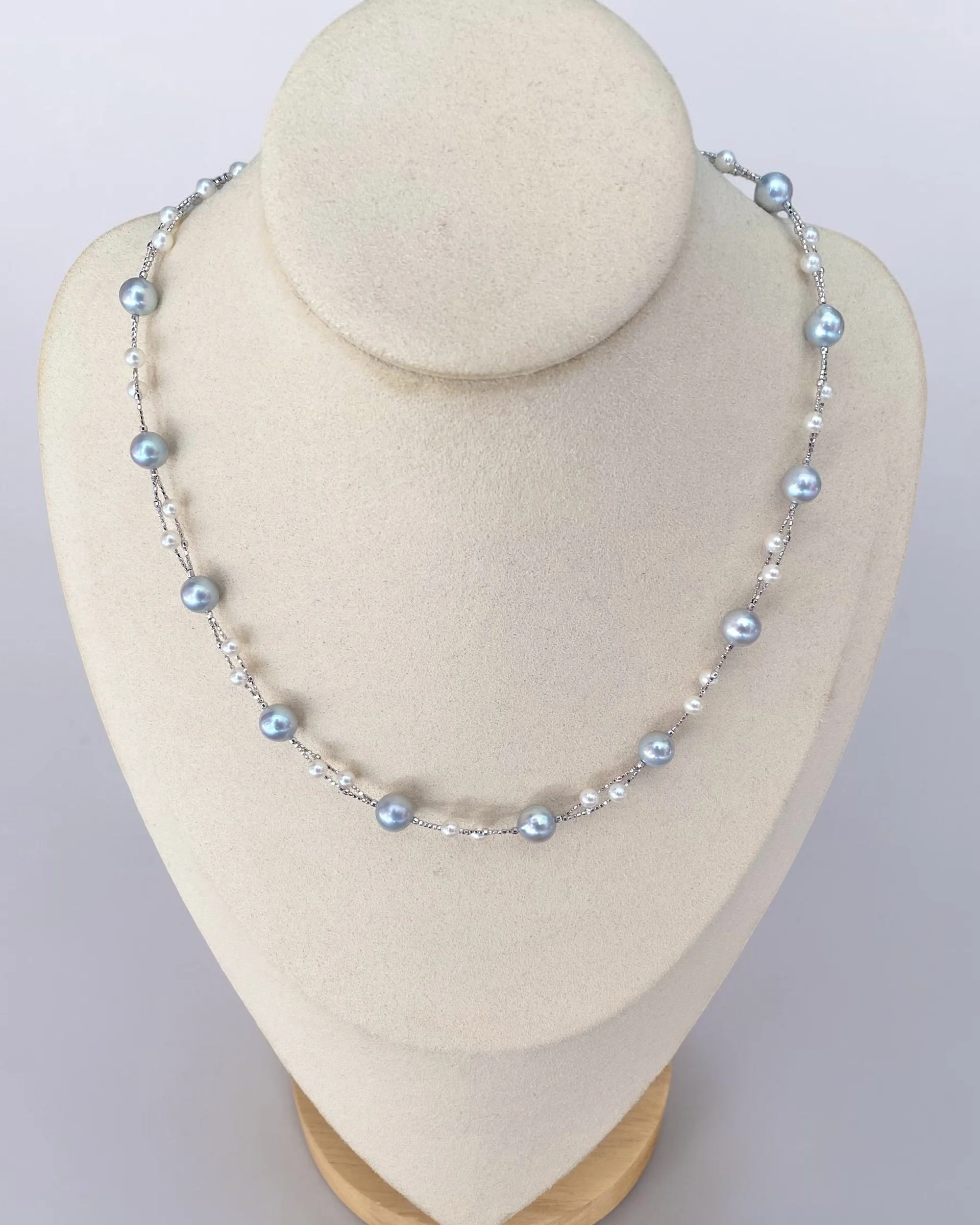 'Celestial Drift' Natural Silver-Grey Japanese Madama Akoya & Mini White Pearl Double-Strand Necklace 7–8mm/3mm, Japanese S925 Silver
