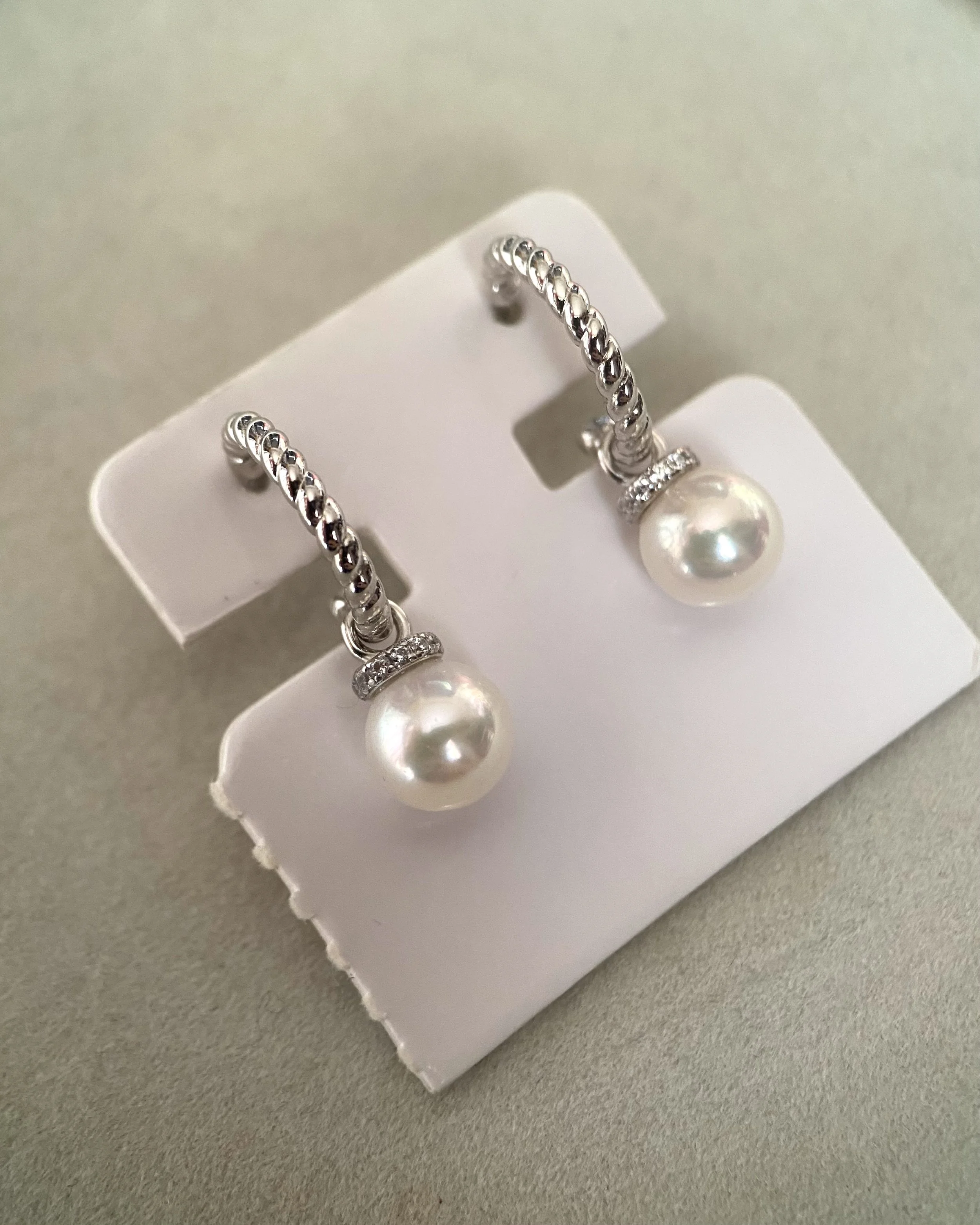 2-in-1 Convertible Top Gr. “Specially Selected” Japanese Crystal White Akoya Pearl Earrings 8mm, S925 Silver Rope-Twist Hoops/Pendant