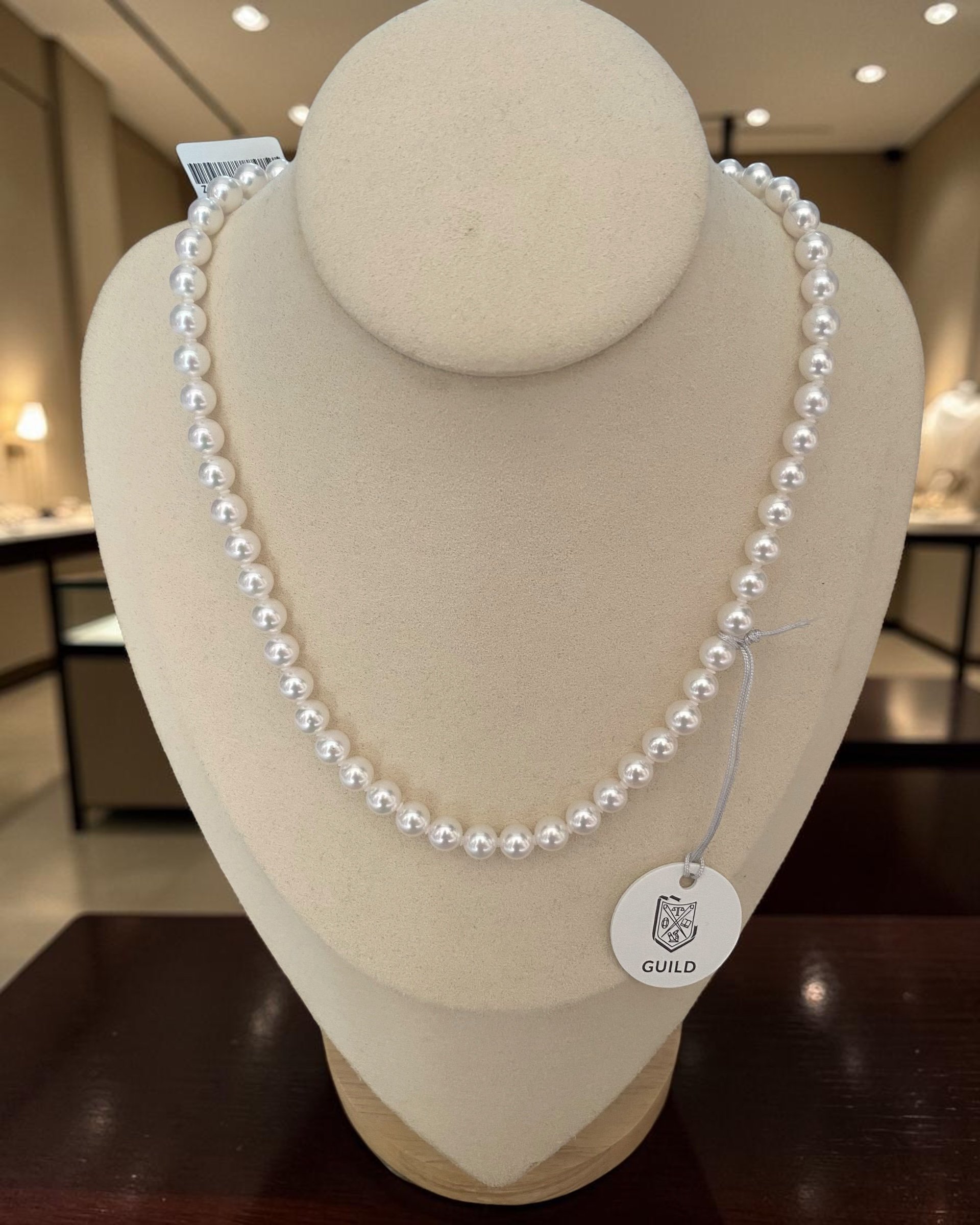 GUILD Certified Top-Gr Superior Snow White Japanese Akoya Pearl Necklace 7-7.5mm, Top Lustre, Orchid Black Mother-of-Pearl Clasp Starlit Pearls