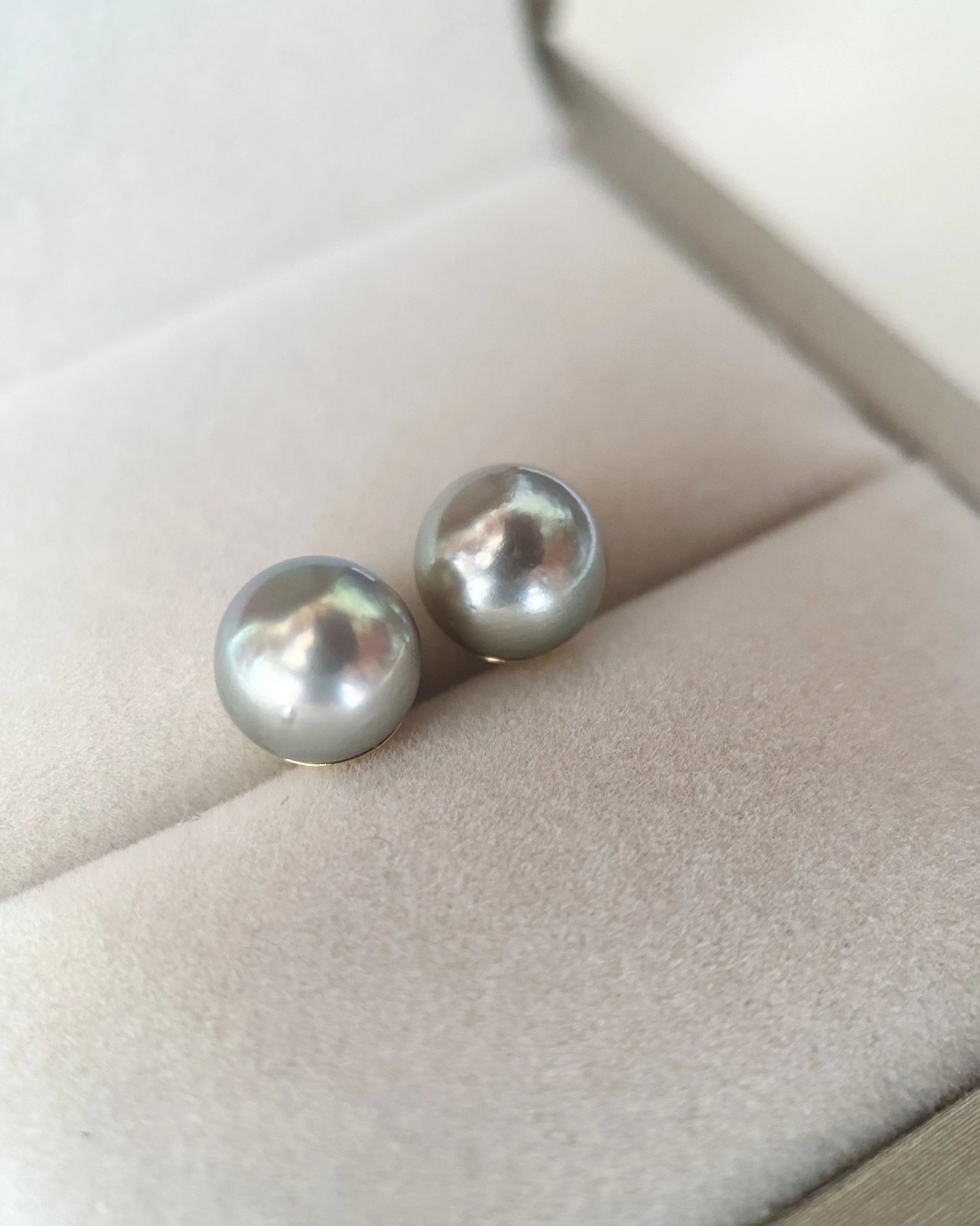 8mm Silver Olive-Green Japanese Madama Akoya Pearl Stud Earrings, Metallic Lustre, Solid 18K Thick Posts & Full Gold Cap Setting Starlit Pearls