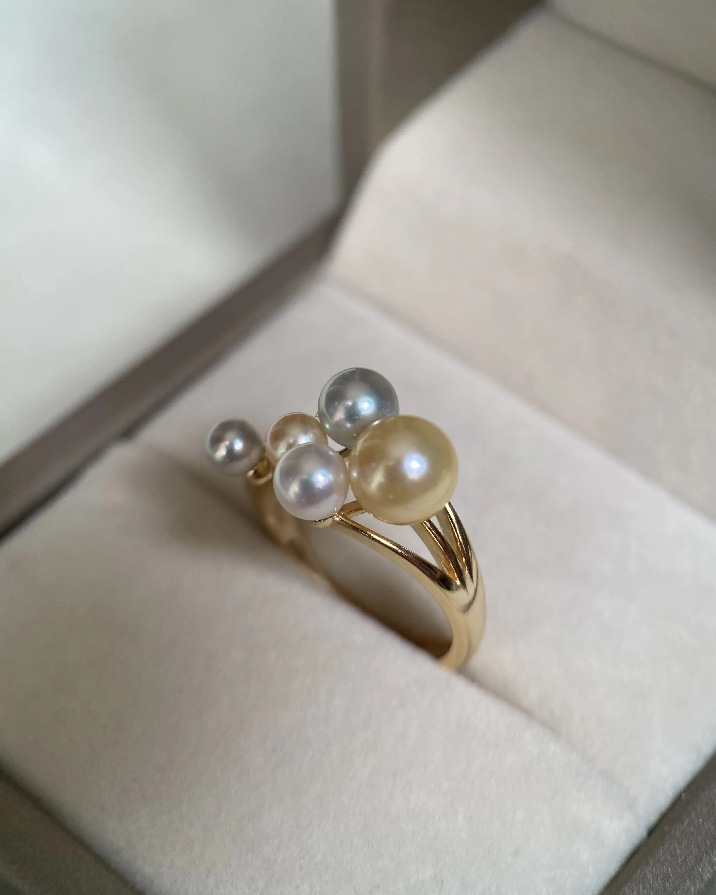 Rare Japanese Akoya Pearl Cluster Ring – Golden Dawn, Saiundama & Sairindama Pearls, Scattered Starlight Design, S925 Silver Band Starlit Pearls