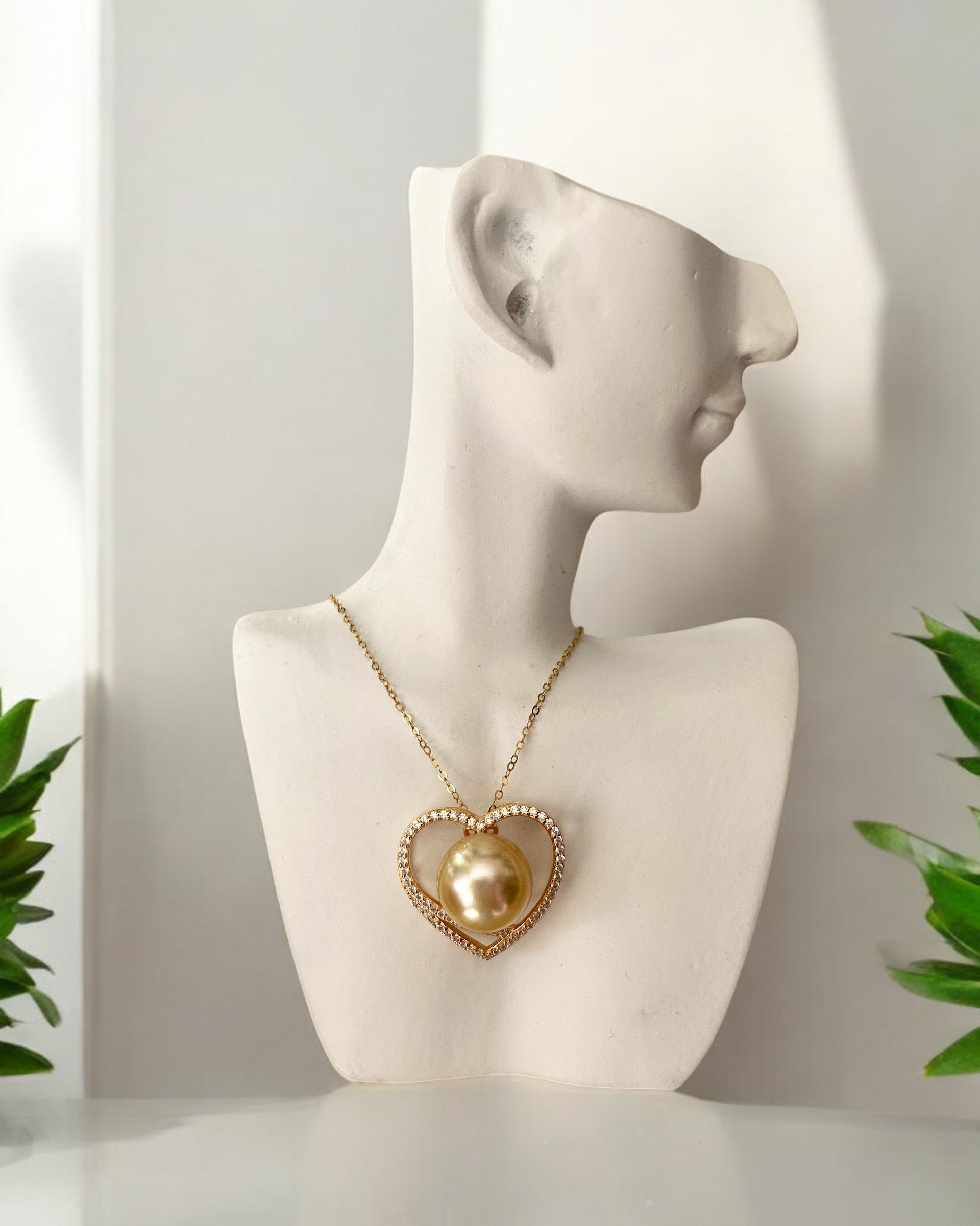 11-11.5mm Australian Creamy Golden South Sea Pearl Pendant, Luxurious Phoenix Series, Versatile S925 CZ Heart Design, Jewellery Showpiece Starlit Pearls