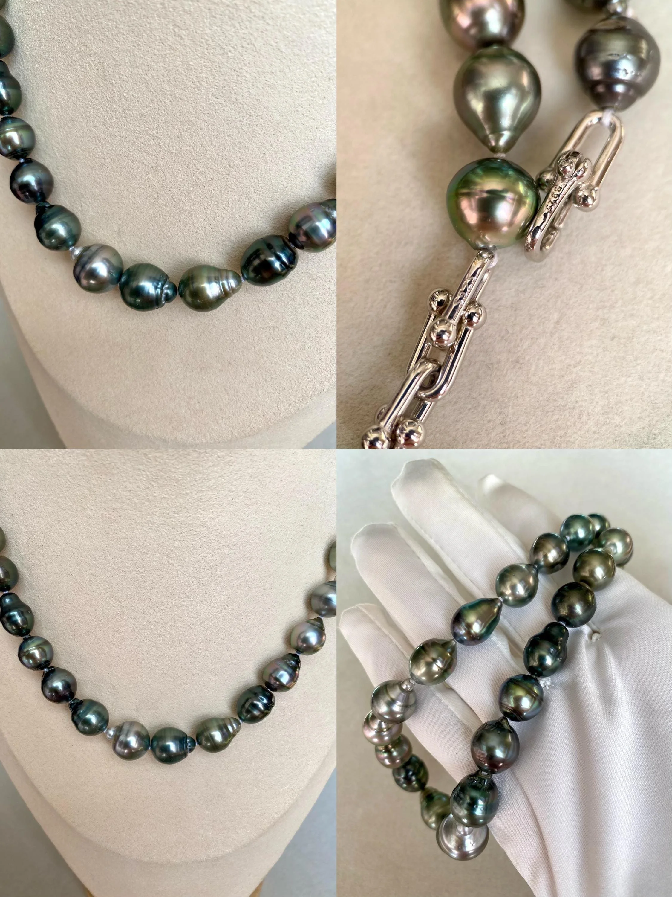 Large 10–16mm Tahitian South Sea Black Baroque Pearl Necklace_Natural Grey with Peacock Green Iridescence, Metallic Lustre, S925 Starlit Pearls