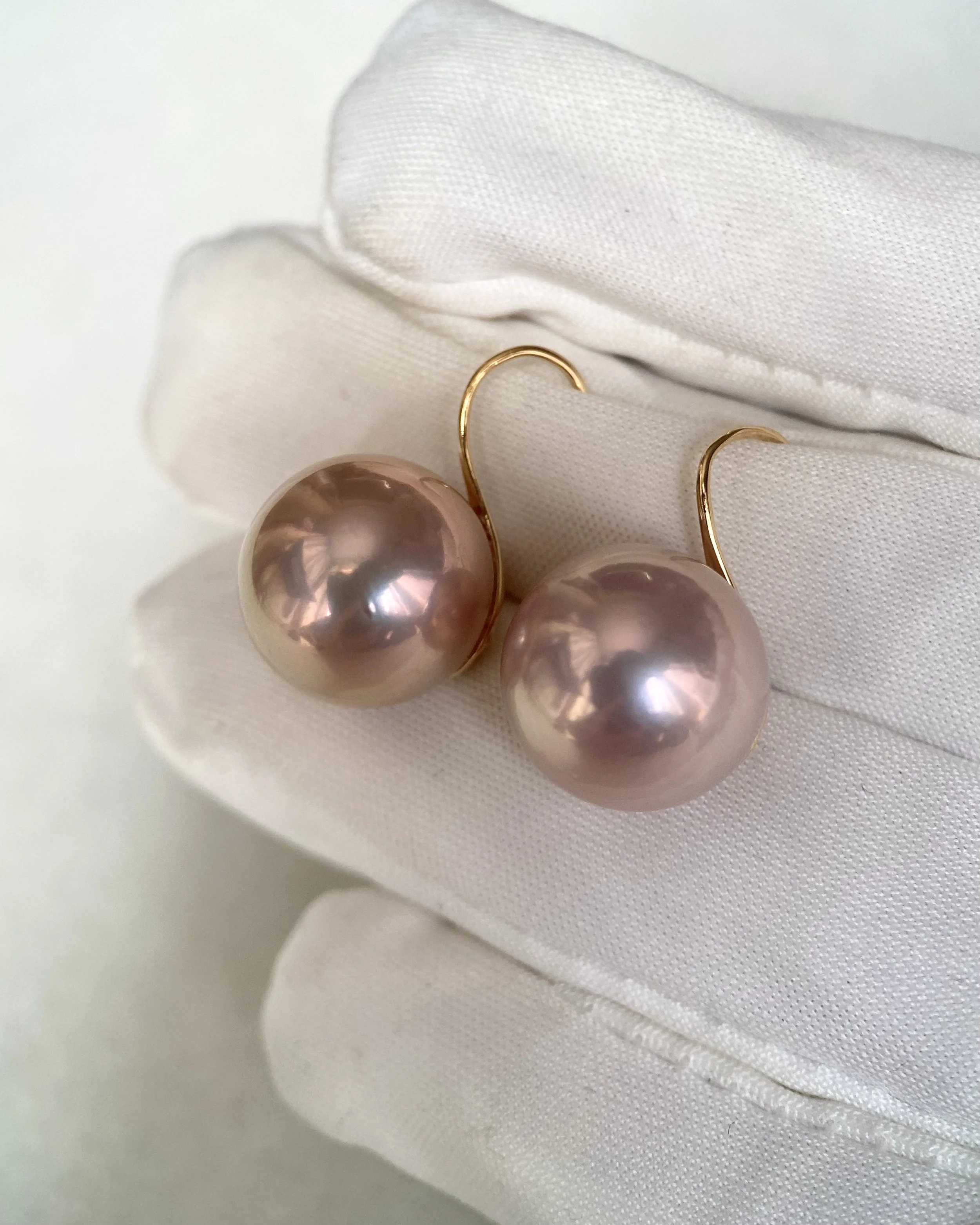 13.1mm Natural Rose-Lavender Freshwater Pearl Earrings, Candy Iridescence & Thick 18K Solid Gold Hooks Starlit Pearls
