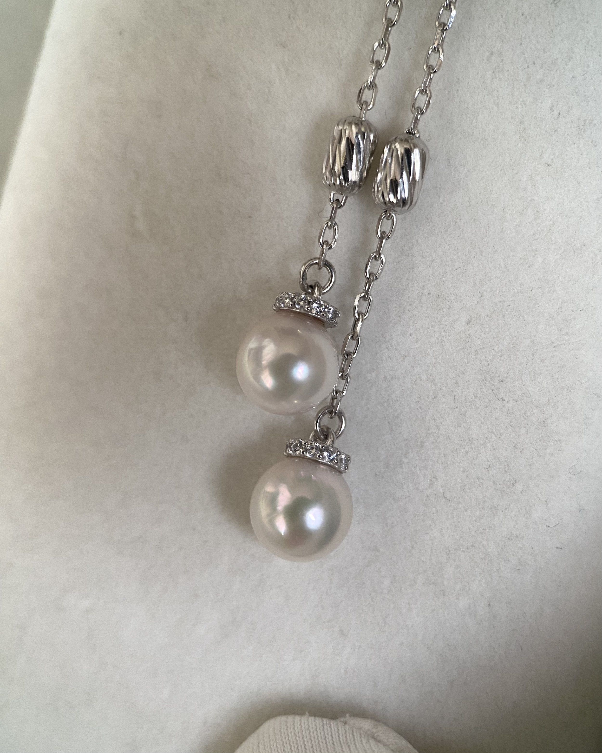 Original Japanese-Finished 6.5–7mm Classic White Akoya Pearl Y Necklace – S925 Silver Sparkling Textured Bead Chain, Double-Drop Design Starlit Pearls