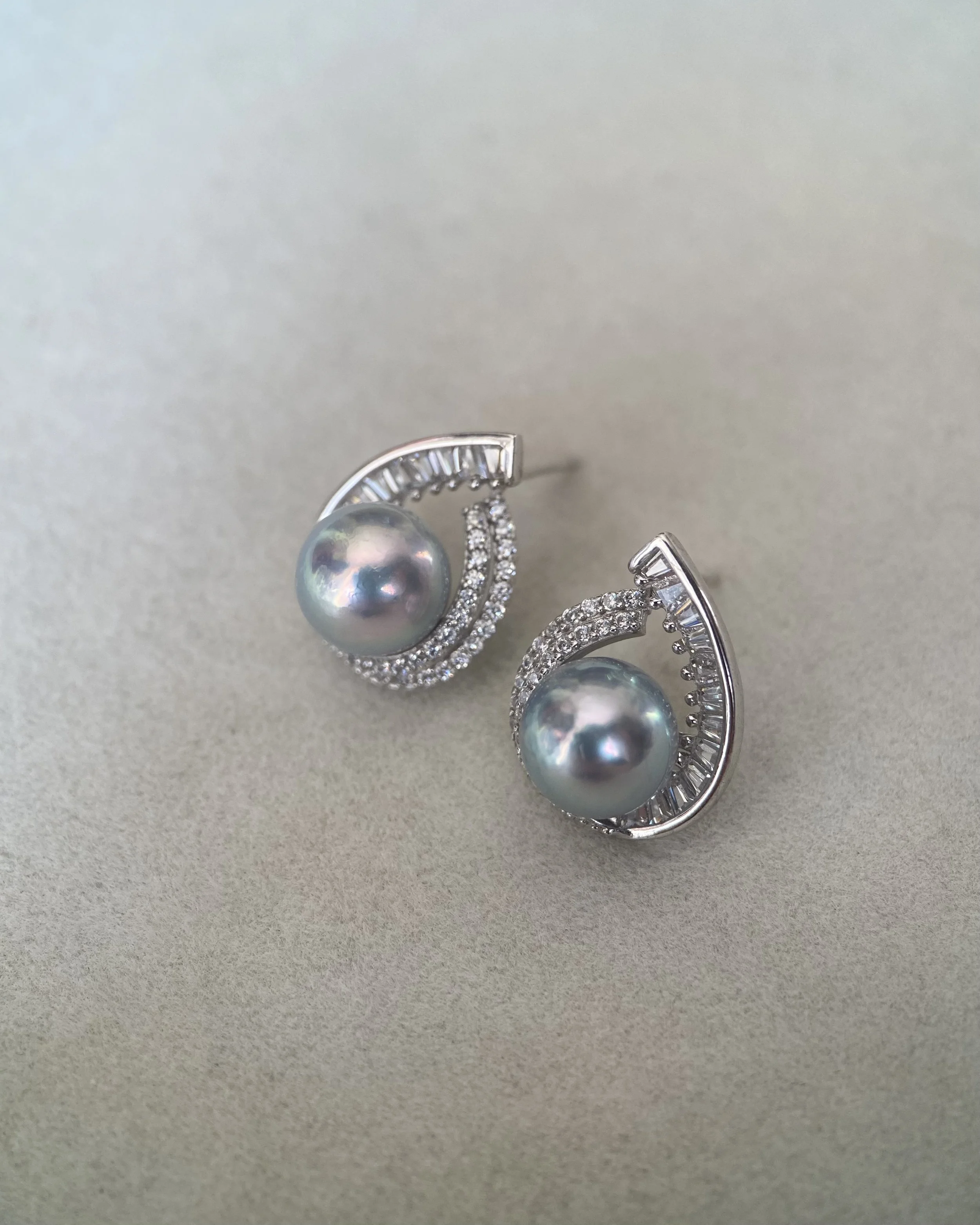 Japanese Silver Grey Madama Akoya Pearl Earrings 8–8.3mm, Iridescent Overtones, S925 Silver Teardrop Baguette Design, Exhibition Piece Starlit Pearls