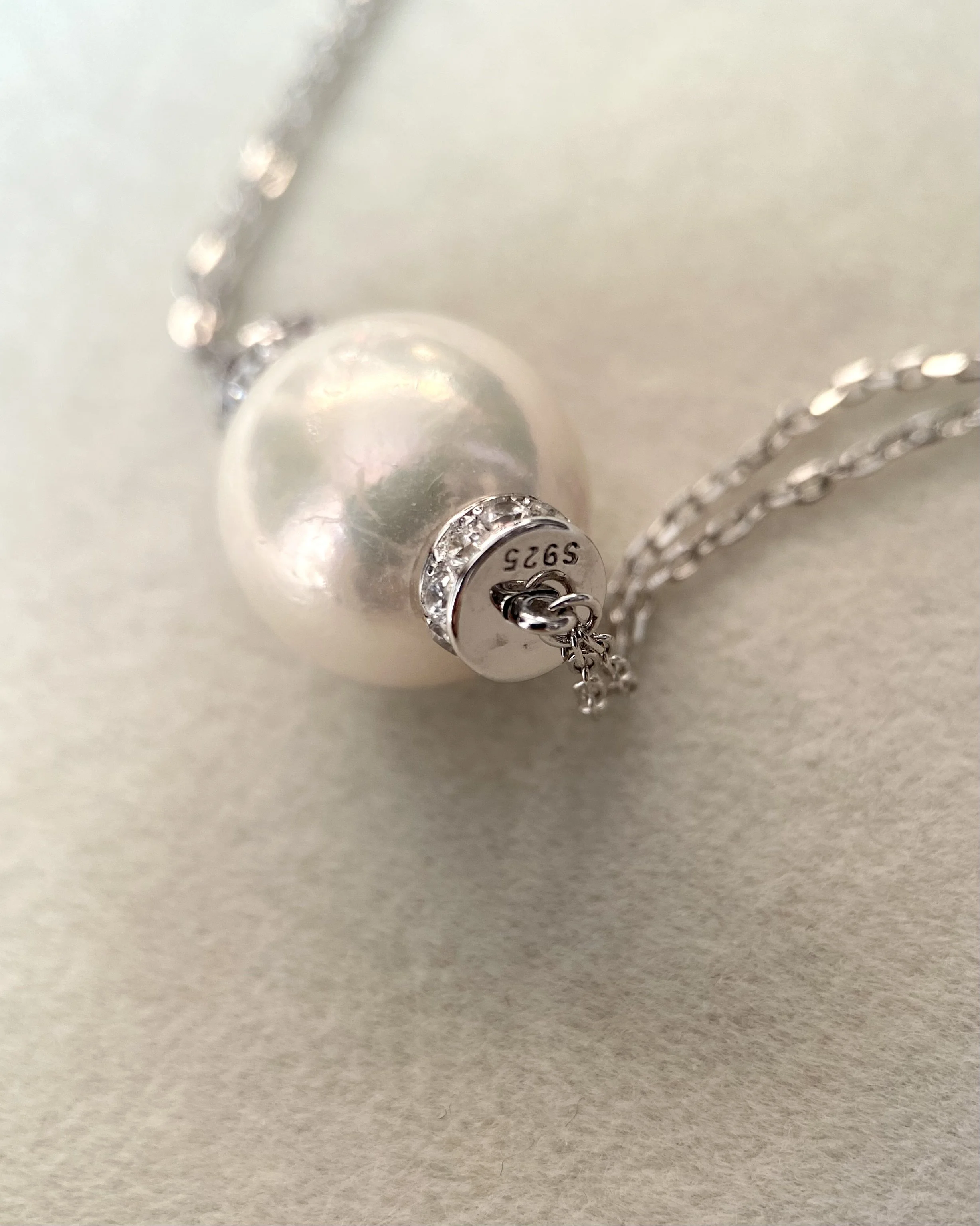 12.5–13mm Radiant White Freshwater Pearl Pendant Necklace, Soft Pink Overtone, Japanese Twin-Chain in S925 Silver, 19" Long, Wedding Starlit Pearls