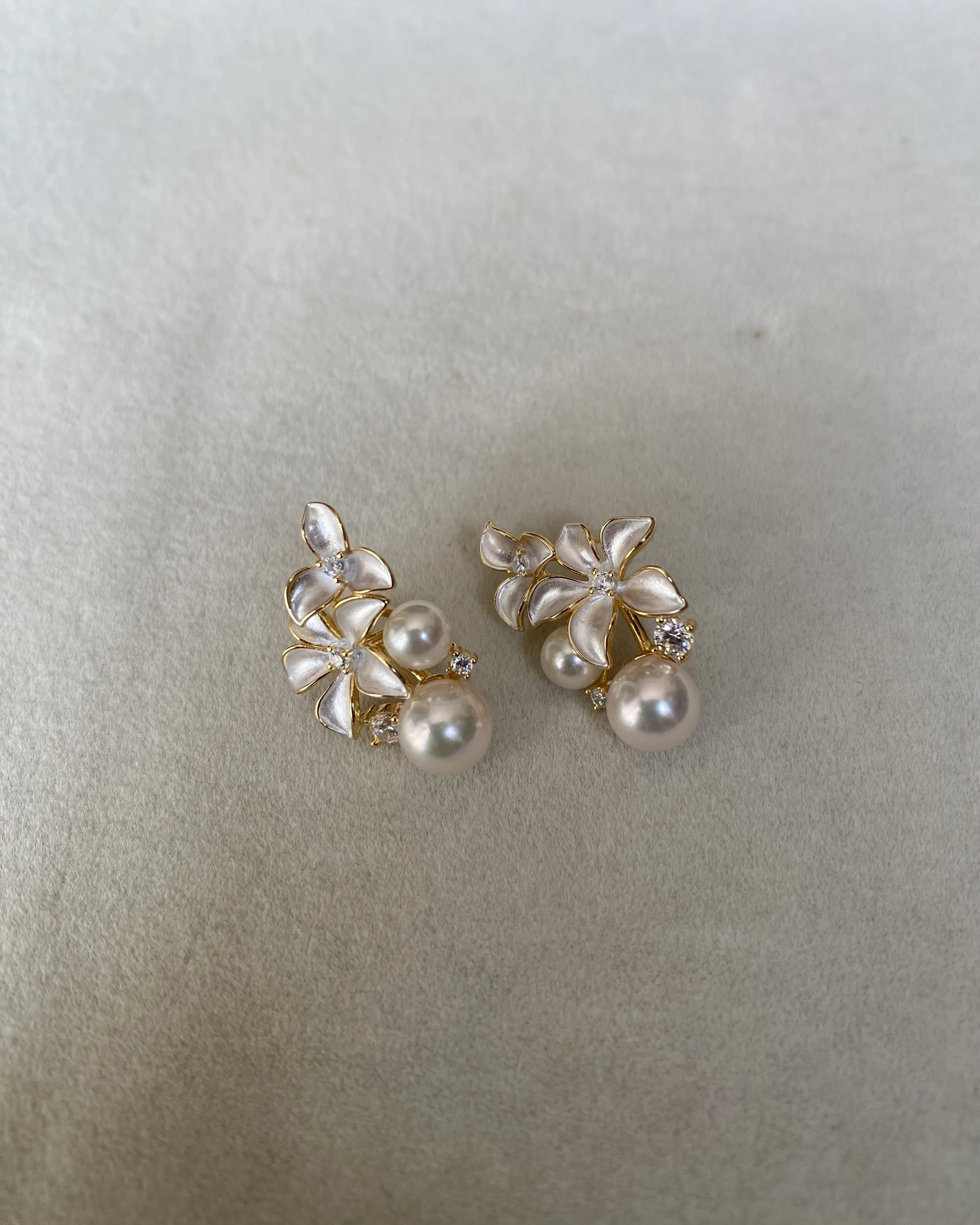 I6A Japanese White Akoya Pearl Sculptural Floral Earrings, Aurora Sairindama, Satin Petal Design, S925 Silver & CZ, Exhibition Piece Starlit Pearls