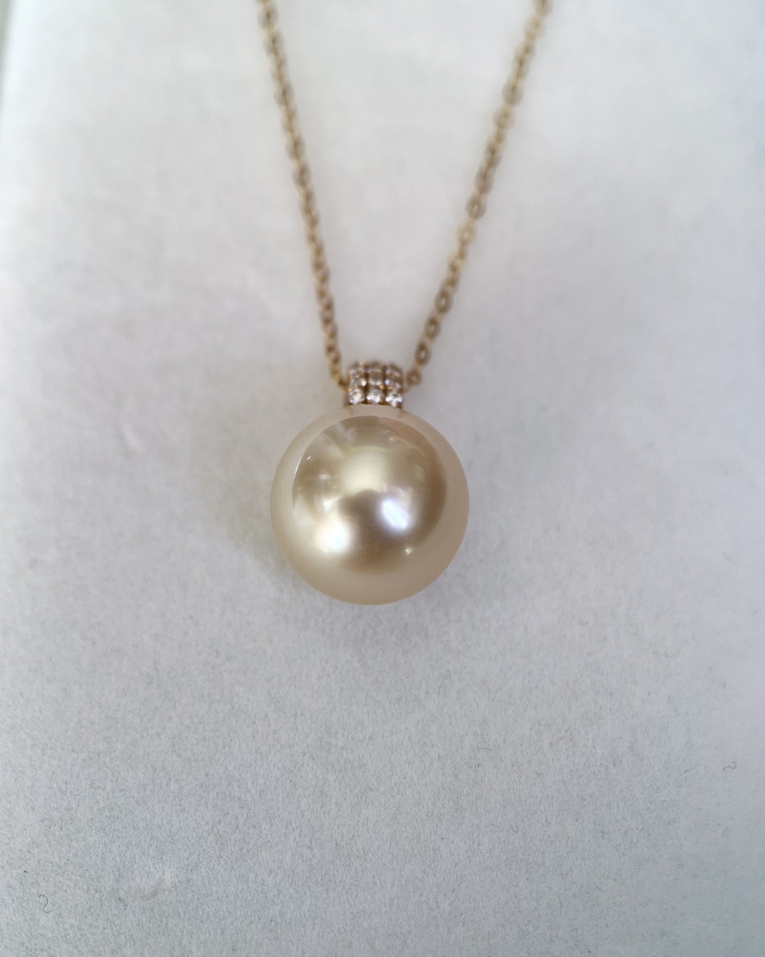 Perfectly Flawless 11.5mm Genuine Golden South Sea Pearl Pendant, Thick G18K Solid Gold Bail, Pavé CZ Diamond Accents, Mirror-Like Lustre Starlit Pearls