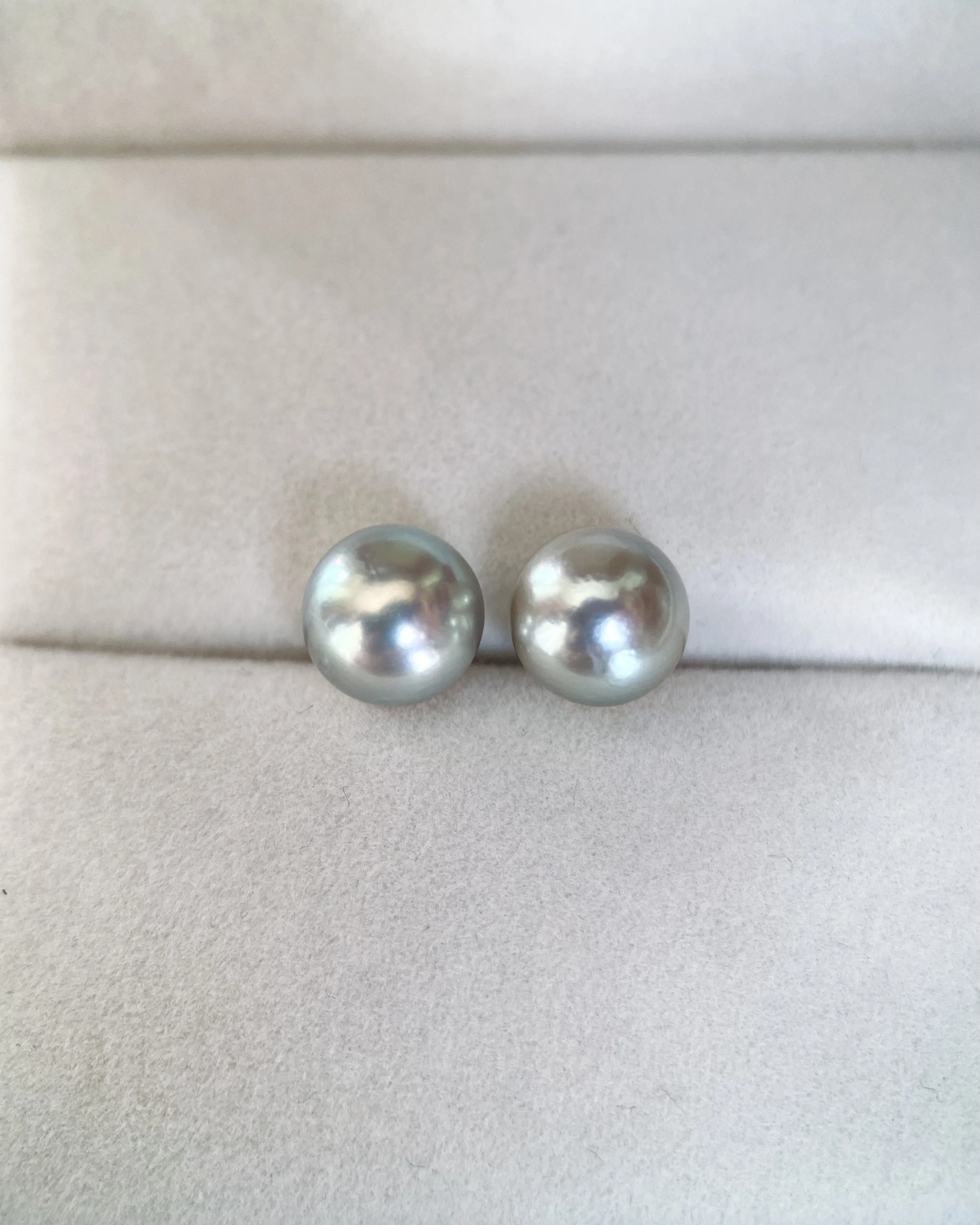 8mm Silver Olive-Green Japanese Madama Akoya Pearl Stud Earrings, Metallic Lustre, Solid 18K Thick Posts & Full Gold Cap Setting Starlit Pearls