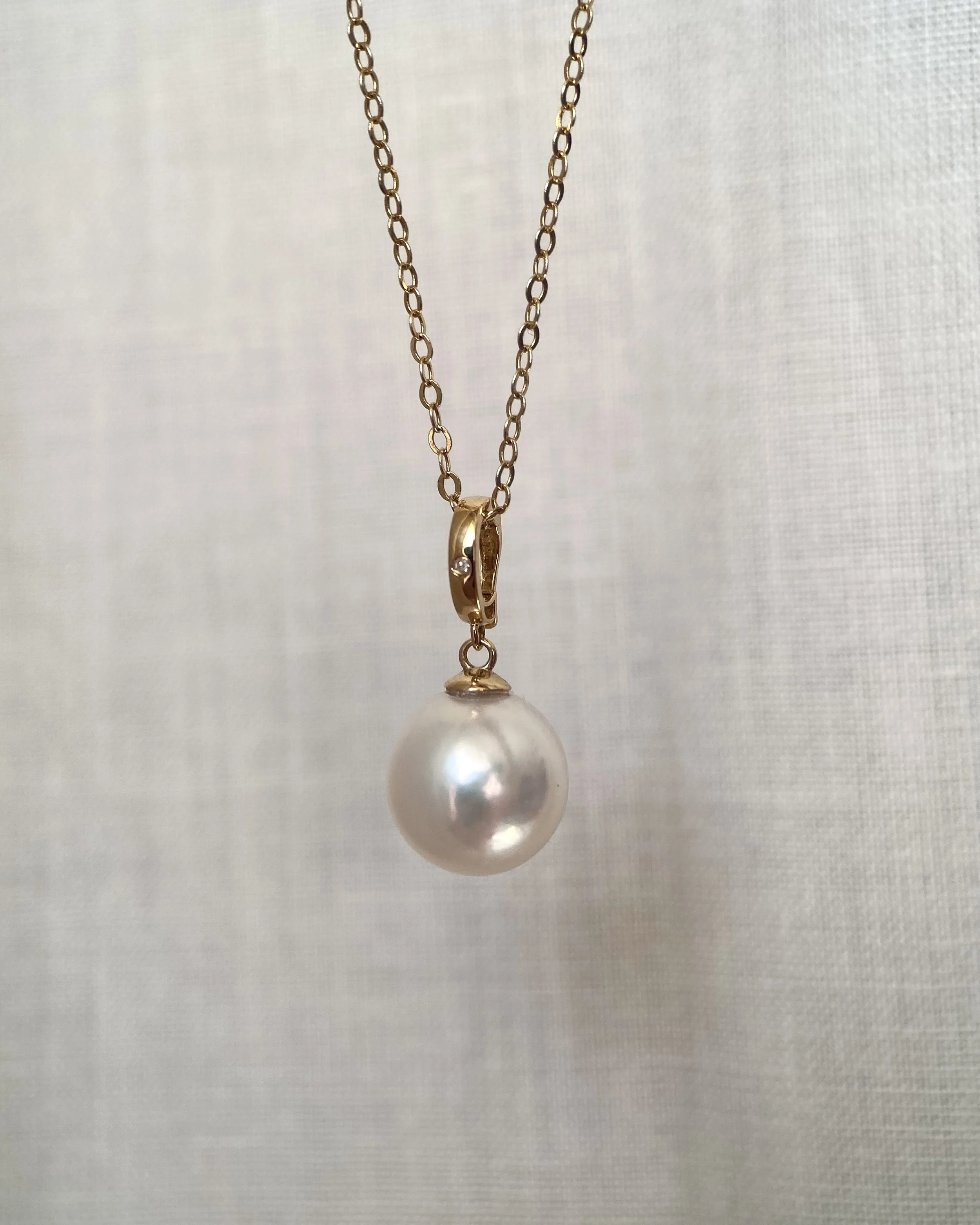 Rare 9.2mm Oversized Japanese White Akoya Pearl Pendant, Otsuki Pearl Origin, Pale Pink Overtone, Solid 18K Gold Open Clasp/D0.003CT Diamond Starlit Pearls