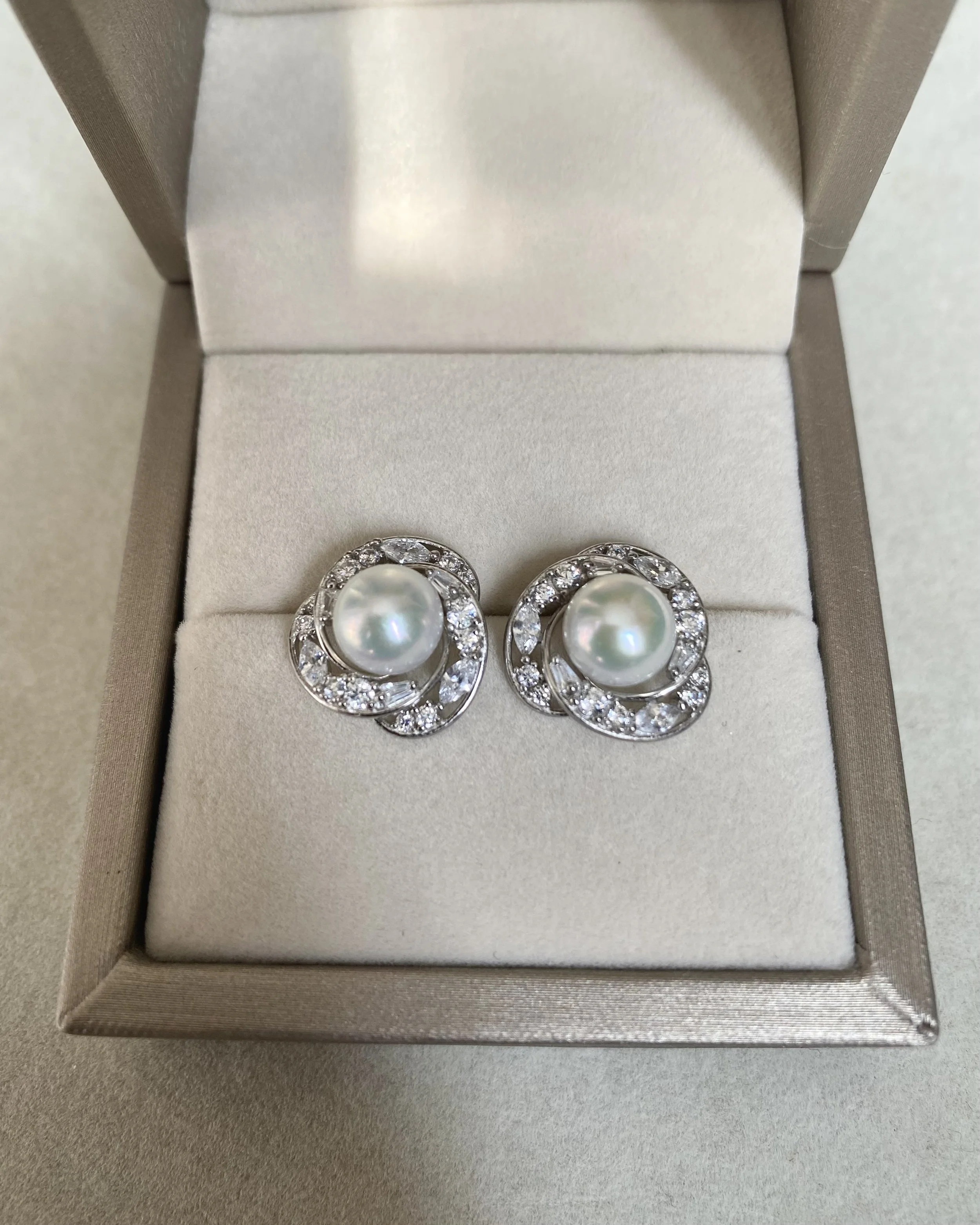 Japanese Crystal White Akoya Pearl Stud Earrings 7.5-8mm, Cool Toned Mirror-Like Lustre, S925 Silver Double Halo Design Starlit Pearls
