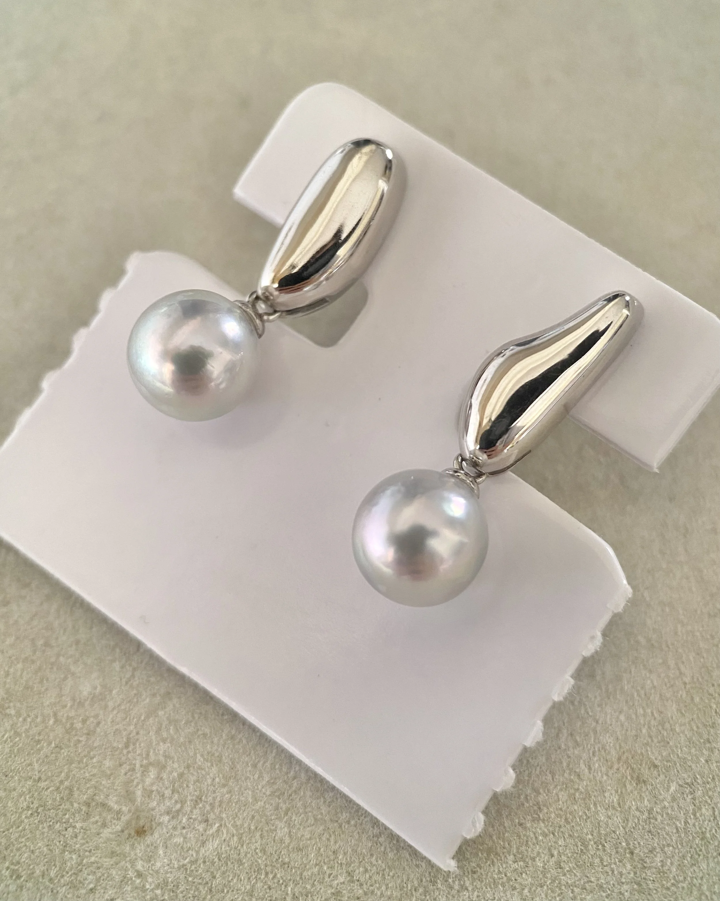 Natural Silver-Grey Japanese Madama Akoya Pearl Earrings 8.3mm, Metallic Lustre, Minimalist S925 Silver Teardrop Design, Show Piece Starlit Pearls