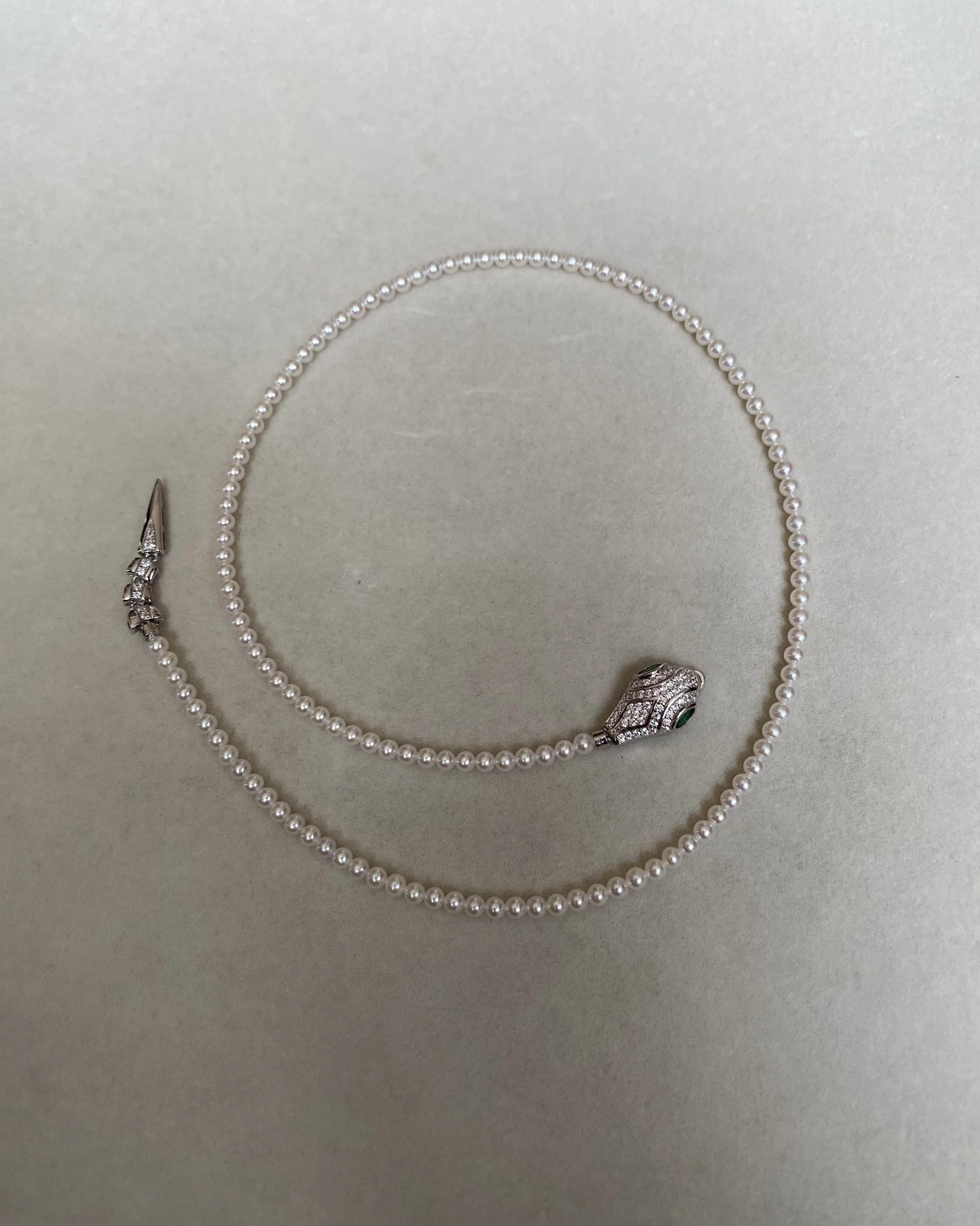 18.7" Long Mini White Freshwater Pearl Necklace 3.5-4mm – Serpent-Inspired S925 Silver Clasp with Emerald CZ Eyes, Wedding or Gifting Starlit Pearls