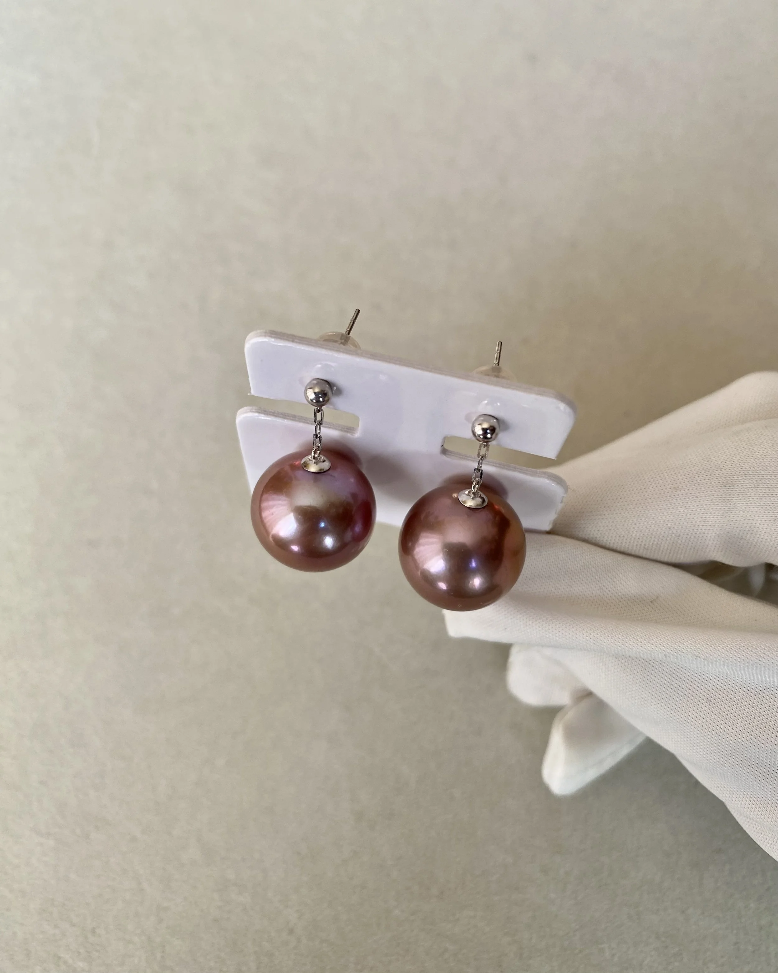 Giant 14.2mm Natural Plum-Pie Purple Freshwater Pearl Drop Earrings – Top-Tier 6A Quality, Mirror Lustre, Thick Solid 18K White Gold Starlit Pearls