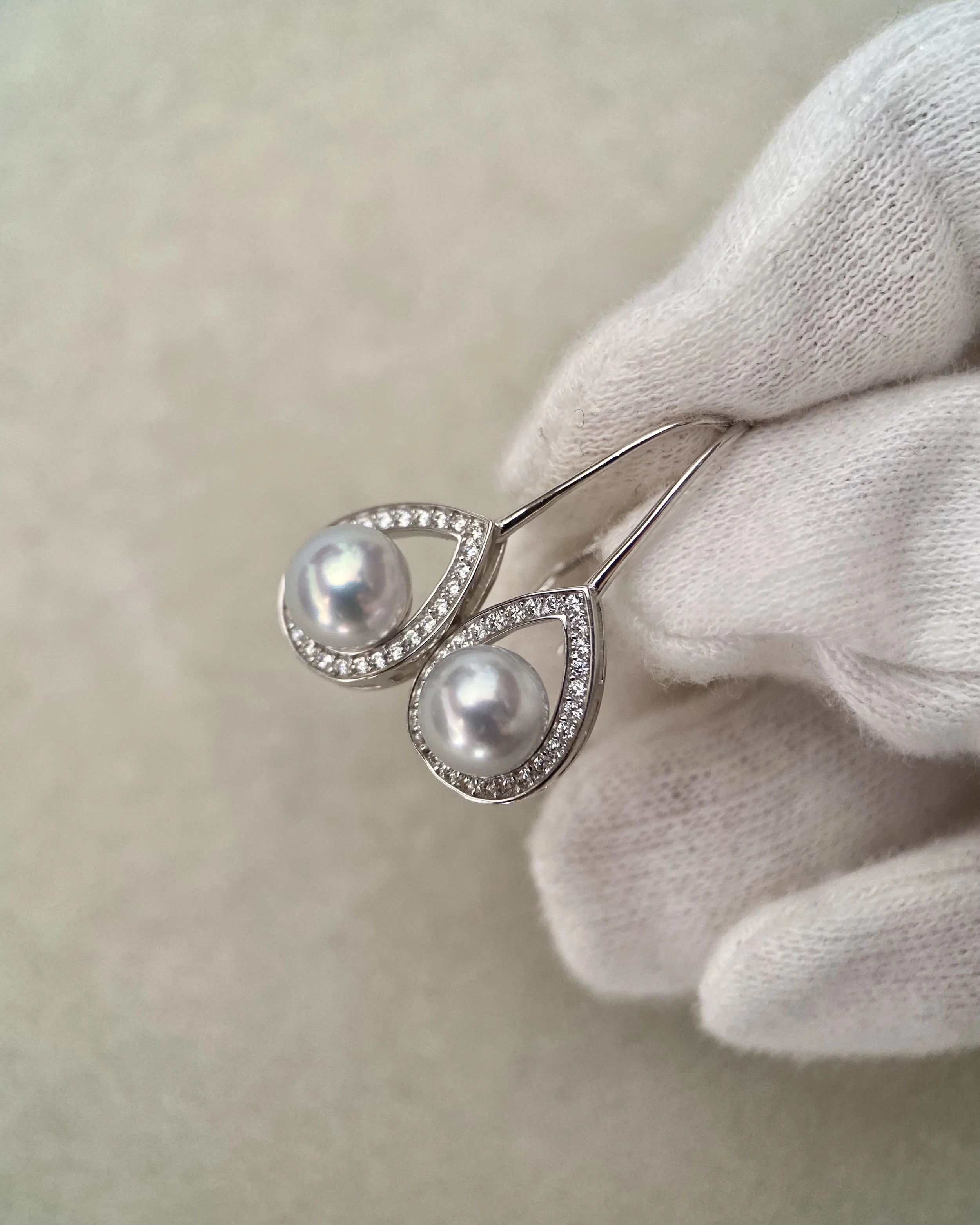 Japanese Airy Silver-Grey Madama Akoya Pearl Hook Earrings 6.7mm, S925 Silver Teardrop Pavé Halo Setting, Jewellery Exhibition Piece Starlit Pearls