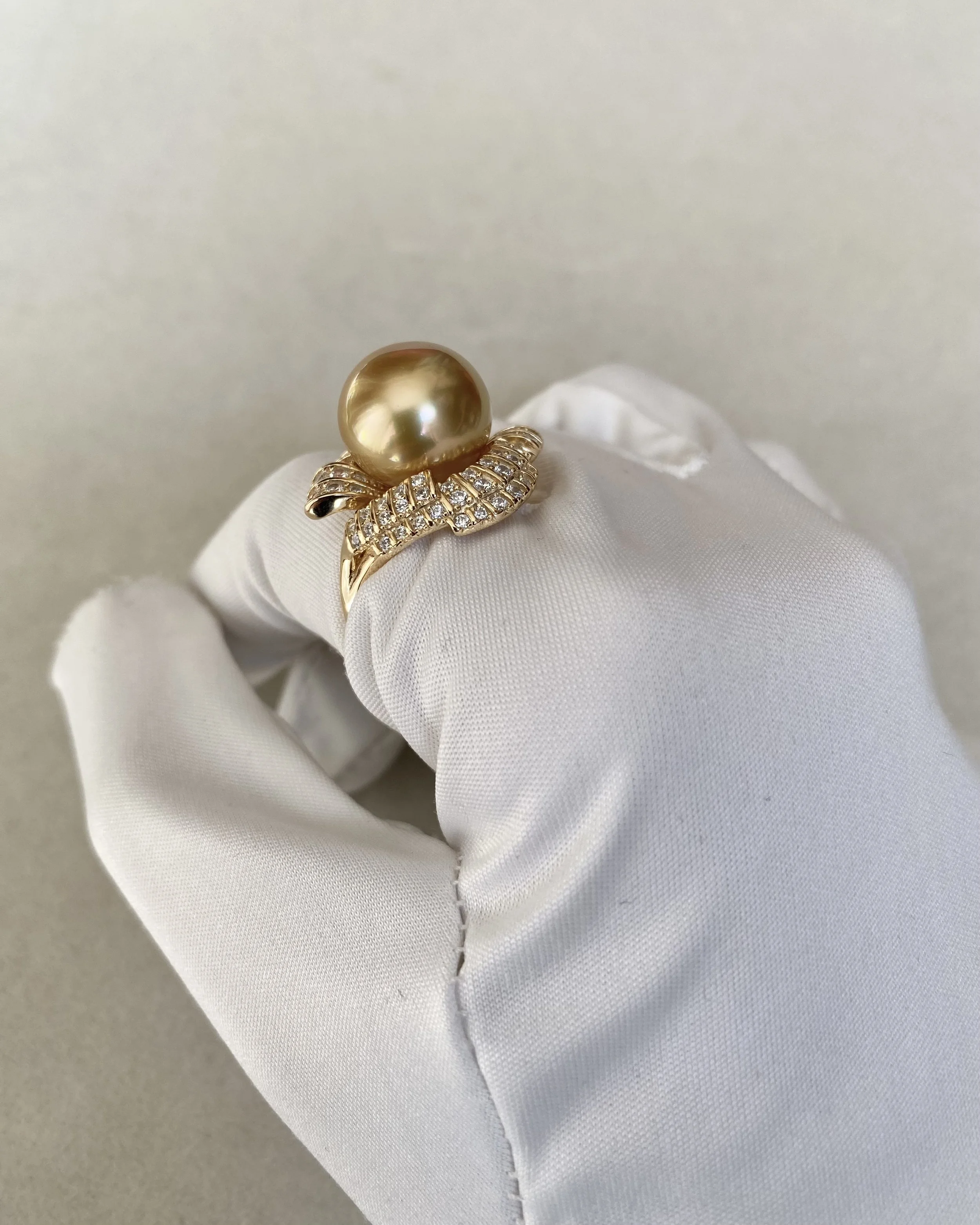 Large 13.2mm Golden South Sea Pearl Ring, Deep Rich Gold Tone, Sculptural Ribbon Pavé-Set S925 Sterling Silver Adjustable Band Starlit Pearls