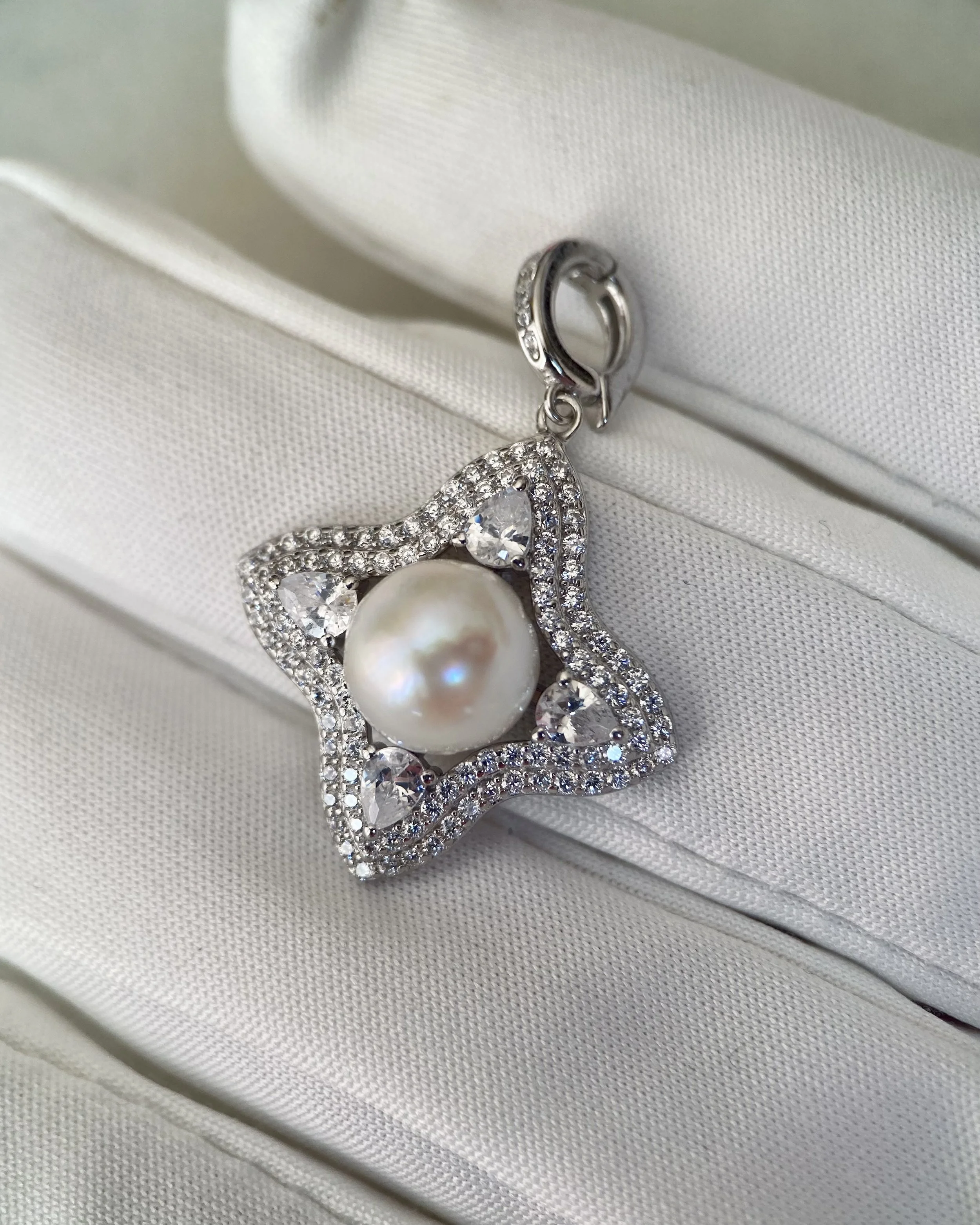 9.1mm Giant Japanese White Akoya Pearl Pendant, Silky Radiant Lustre, Sparkling Four-Point Star CZ Design, S925 Silver Clip-On Bail Starlit Pearls