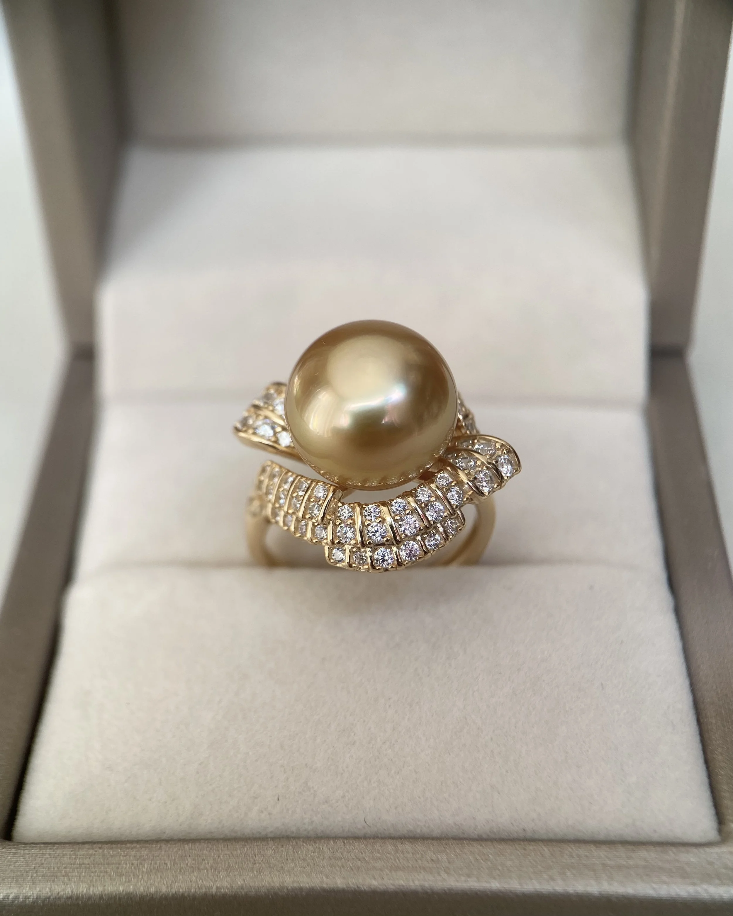 Large 13.2mm Golden South Sea Pearl Ring, Deep Rich Gold Tone, Sculptural Ribbon Pavé-Set S925 Sterling Silver Adjustable Band Starlit Pearls