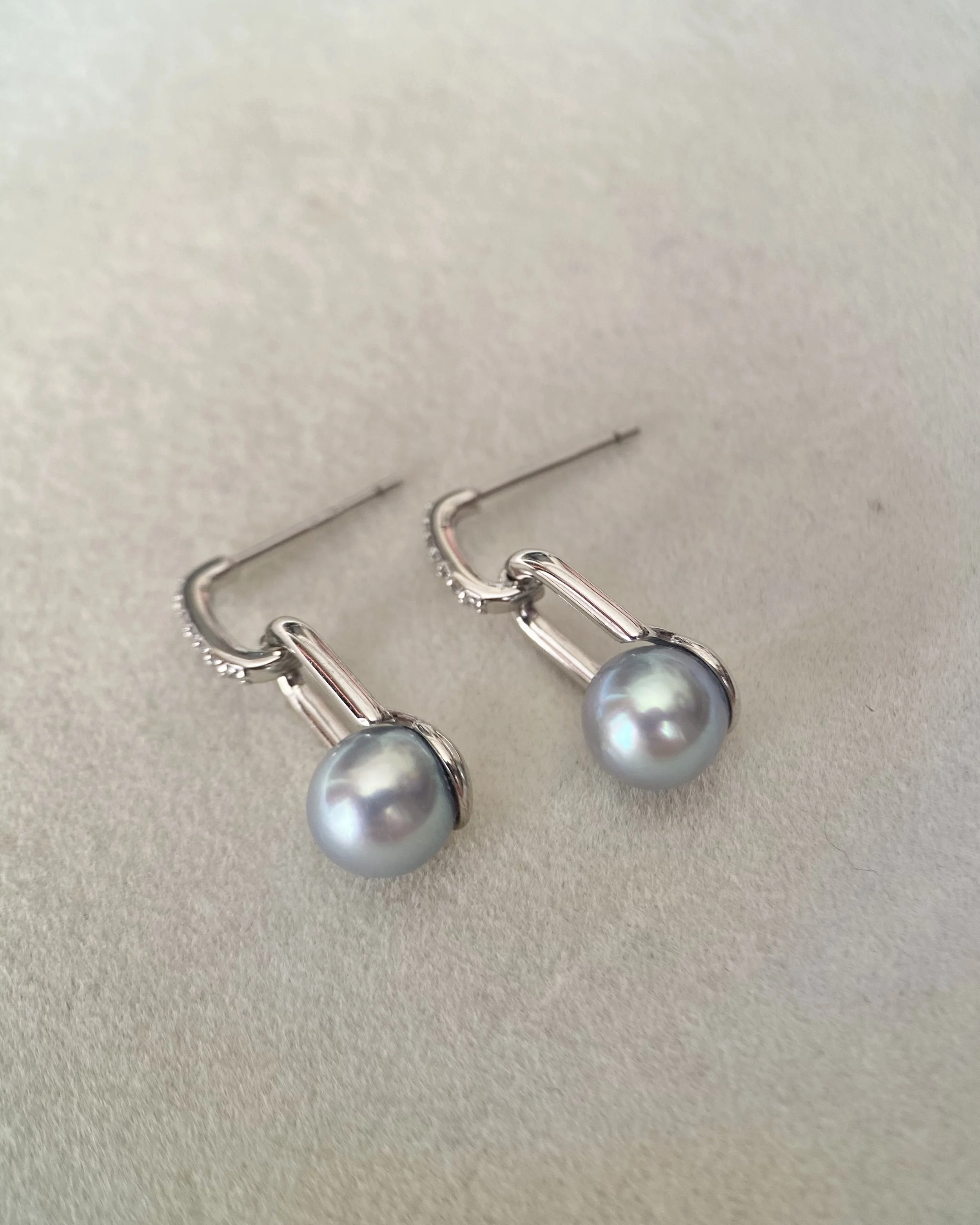 Natural Icy Blue Japanese Madama Akoya Pearl Link Drop Earrings 7.2–7.3mm, Pavé CZ Two-Part S925 Silver, Japan Jewellery Show Piece Starlit Pearls