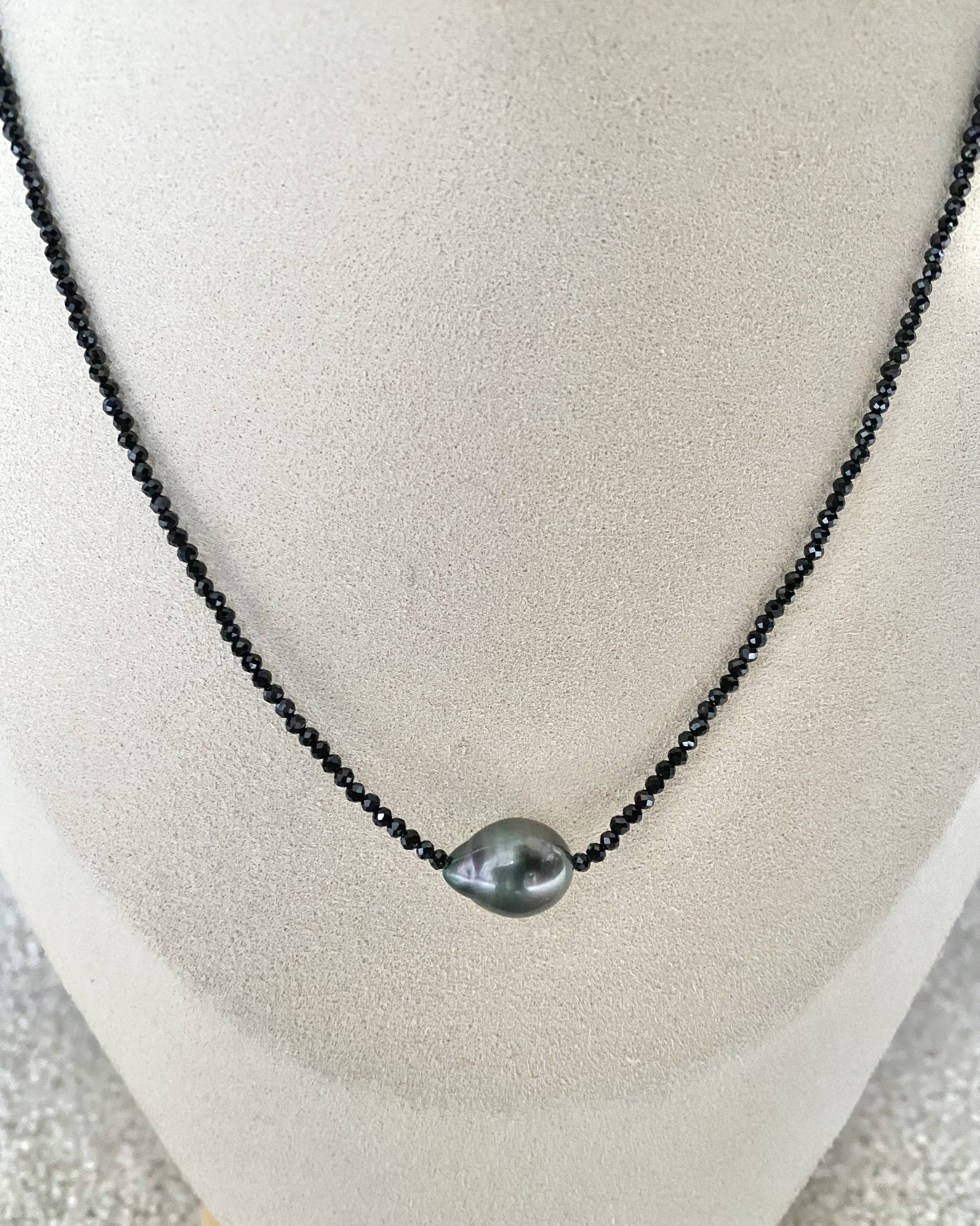 14mm Tahitian South Sea Baroque Pearl Necklace, Iridescent Peacock-Green Pearl on Micro-Faceted Black Spinel Strand, S925 Silver Clasp Starlit Pearls