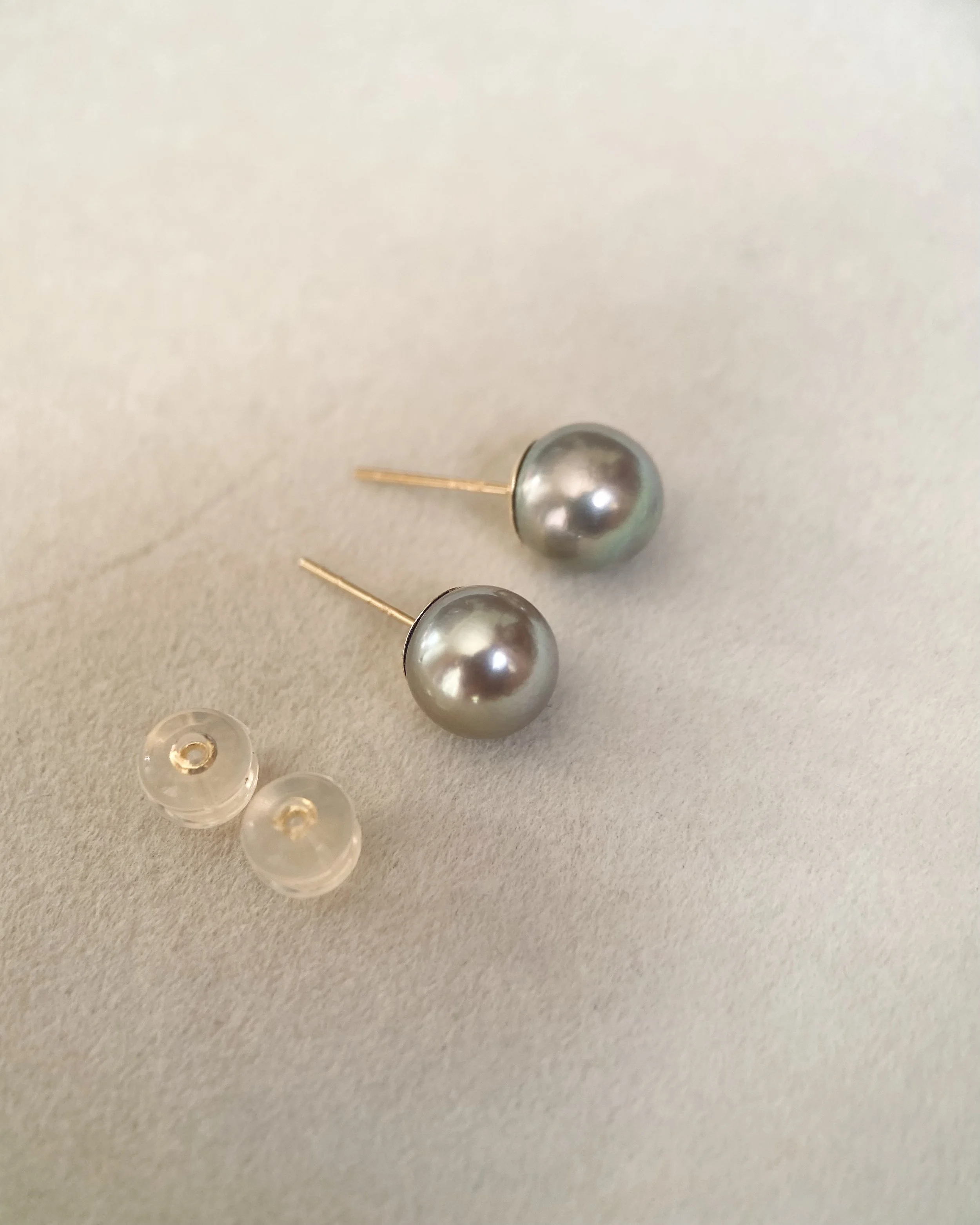 8mm Silver Olive-Green Japanese Madama Akoya Pearl Stud Earrings, Metallic Lustre, Solid 18K Thick Posts & Full Gold Cap Setting Starlit Pearls