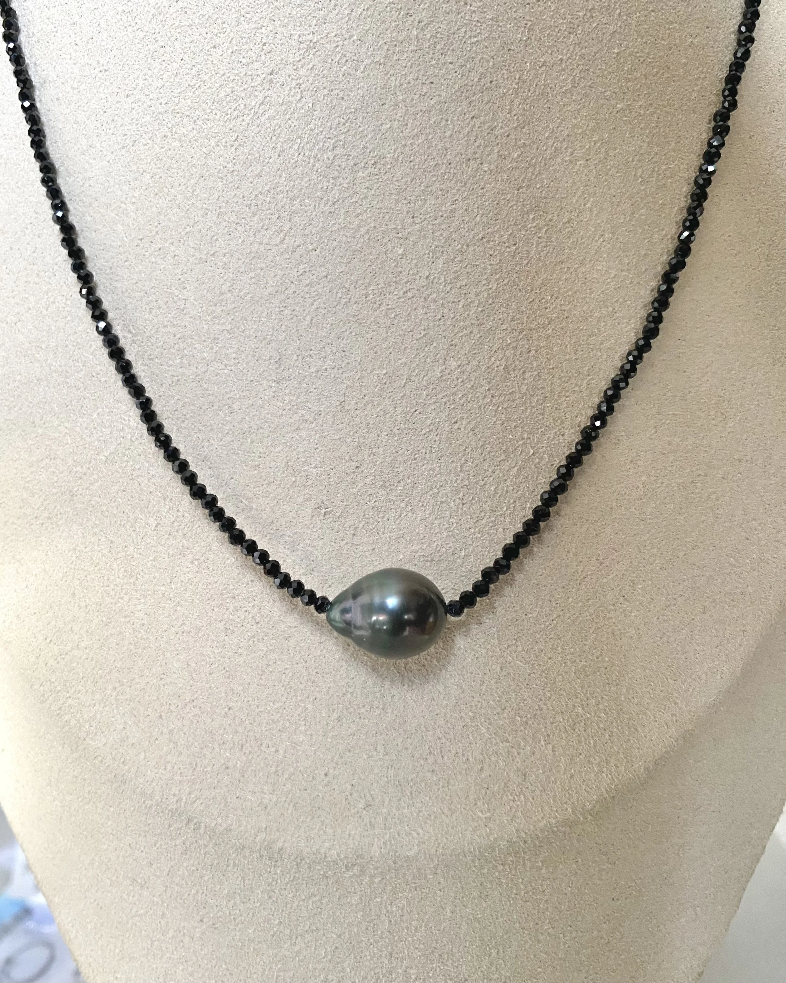 14mm Tahitian South Sea Baroque Pearl Necklace, Iridescent Peacock-Green Pearl on Micro-Faceted Black Spinel Strand, S925 Silver Clasp