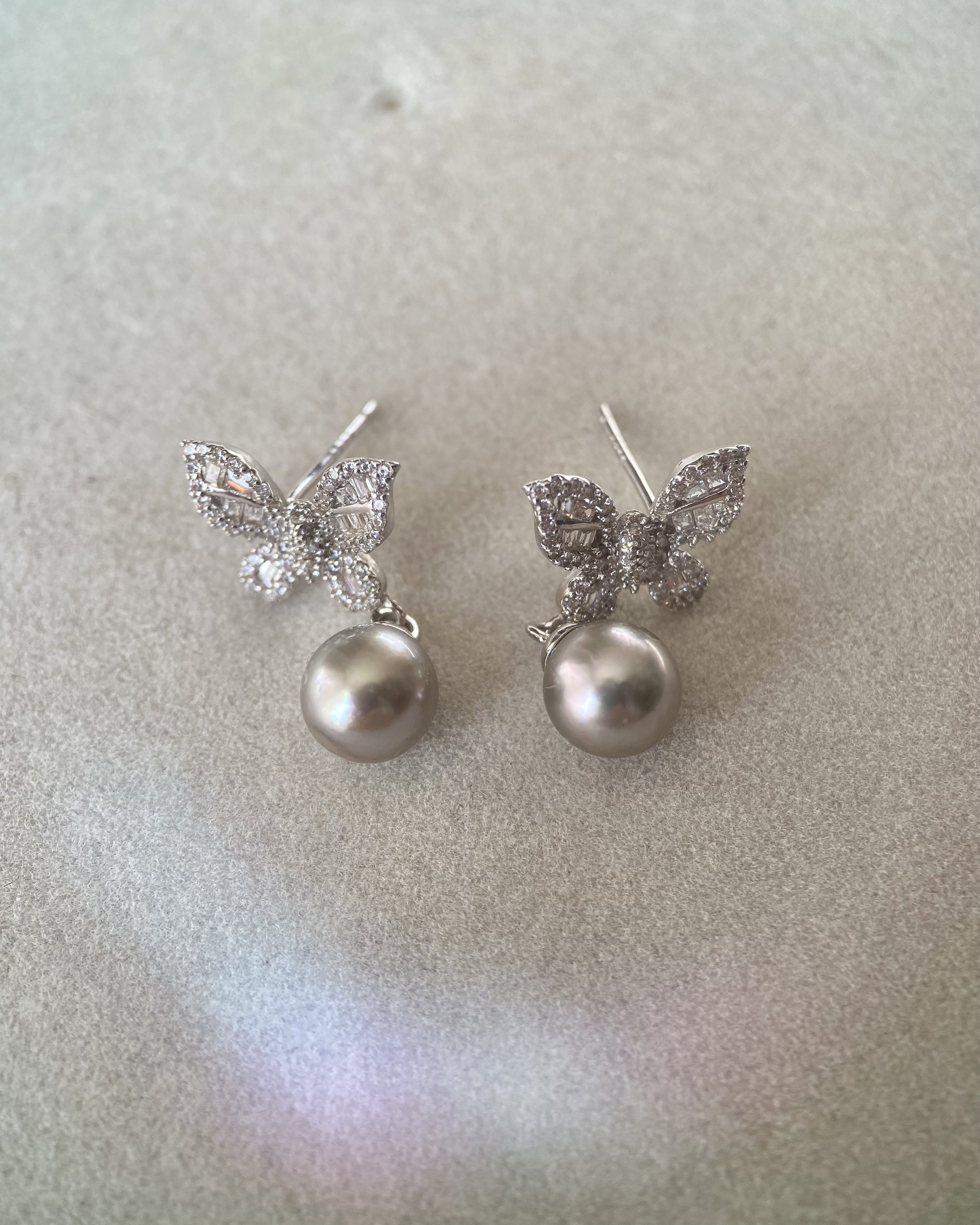 Japanese Metallic Grey Madama Akoya Pearl Drop Earrings 7.3mm, Steel-Like Lustre, S925 Silver Pavé Butterfly, Jewellery Show Piece Starlit Pearls