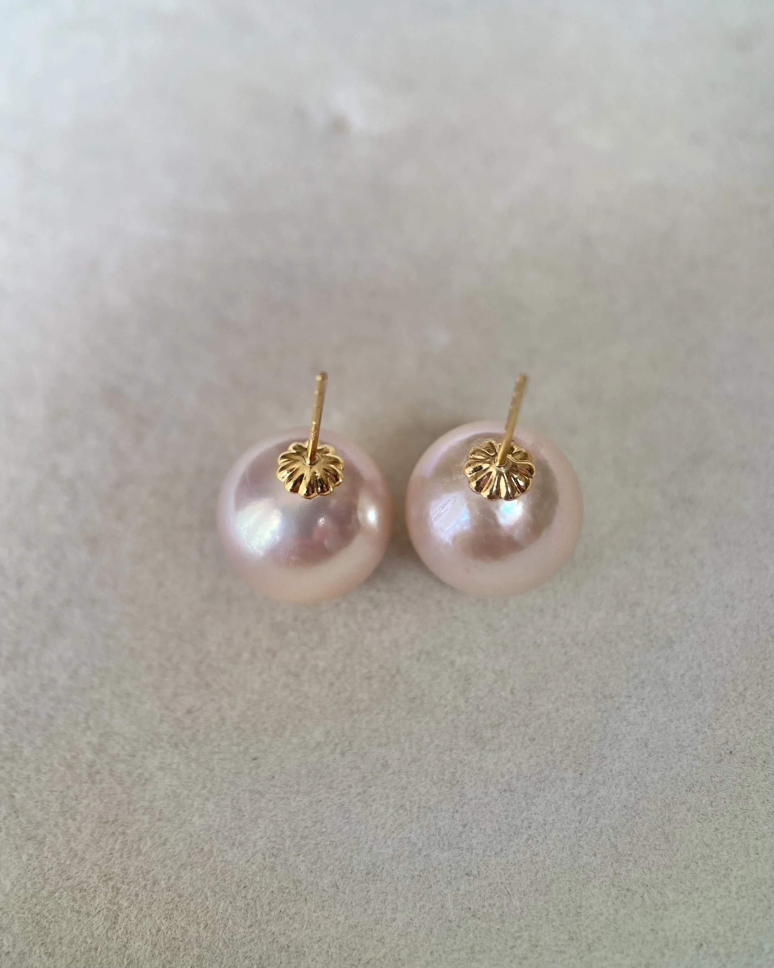 18K Gold Posts_Rare Japanese Rose Pink Freshwater Pearl Stud Earrings 11.3mm, AU750, Mirror Lustre Starlit Pearls